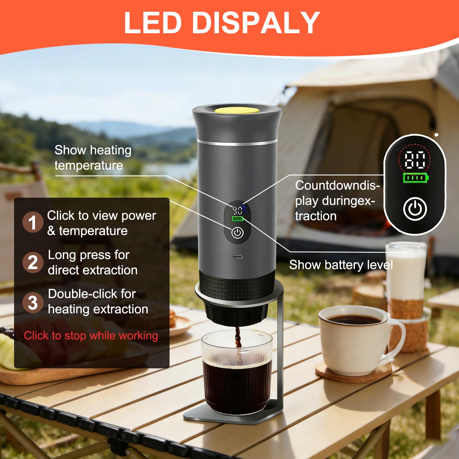 Cafetera eléctrica con batería de 12 V, 3 en 1, portátil para coche | Pantalla de visualización LED, mini cafetera de viaje, compatible con cápsula y café molido, para camping caravana gadget