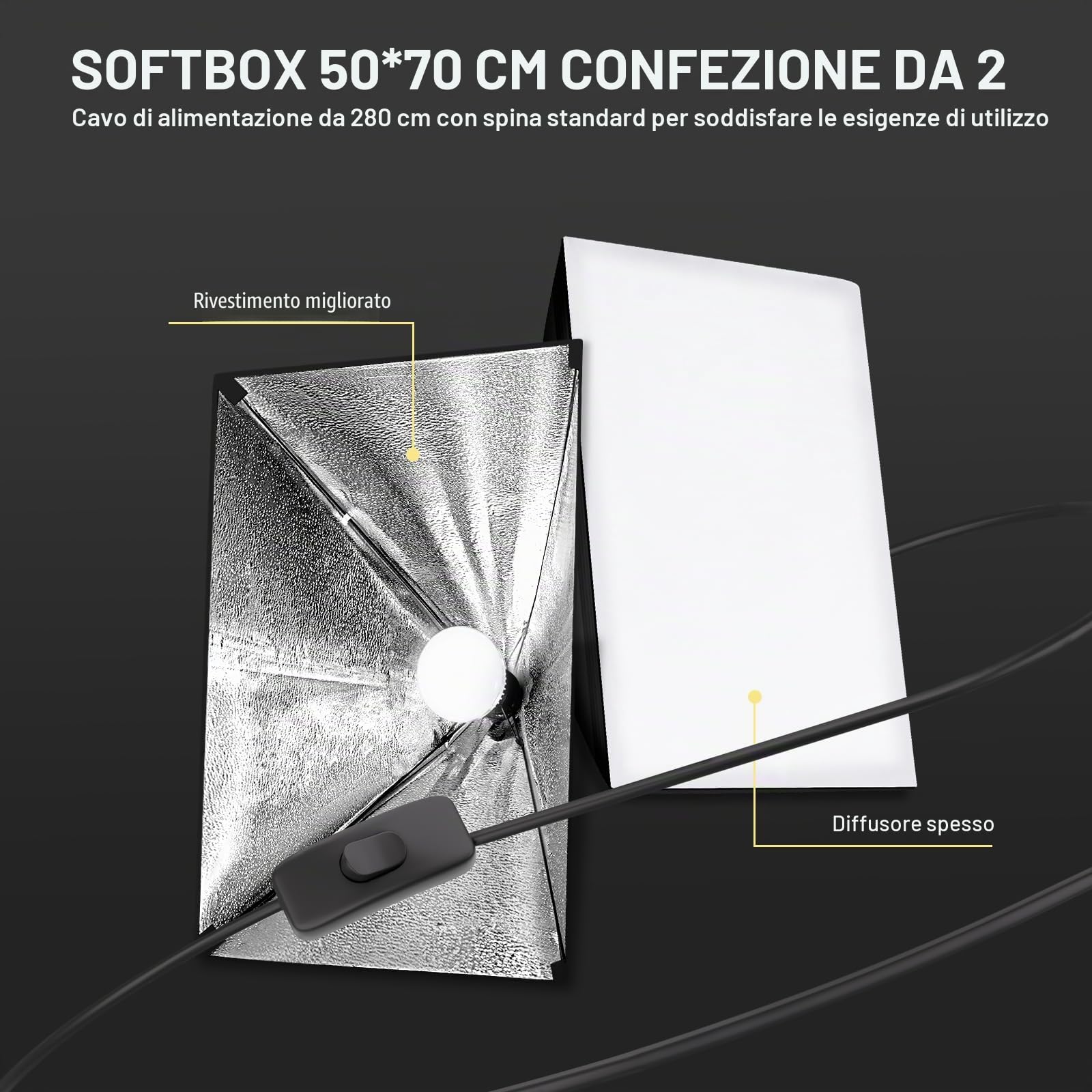 Kit Luce Fotografica Niceveedi 50 * 70 cm, 2 Softbox 2700K-6500K con Lampadine da 85 W e Braccio da 150 cm, Luce Video con Treppiede da 2 * 203 cm, per Registrazione Video (5070(2 PACK))