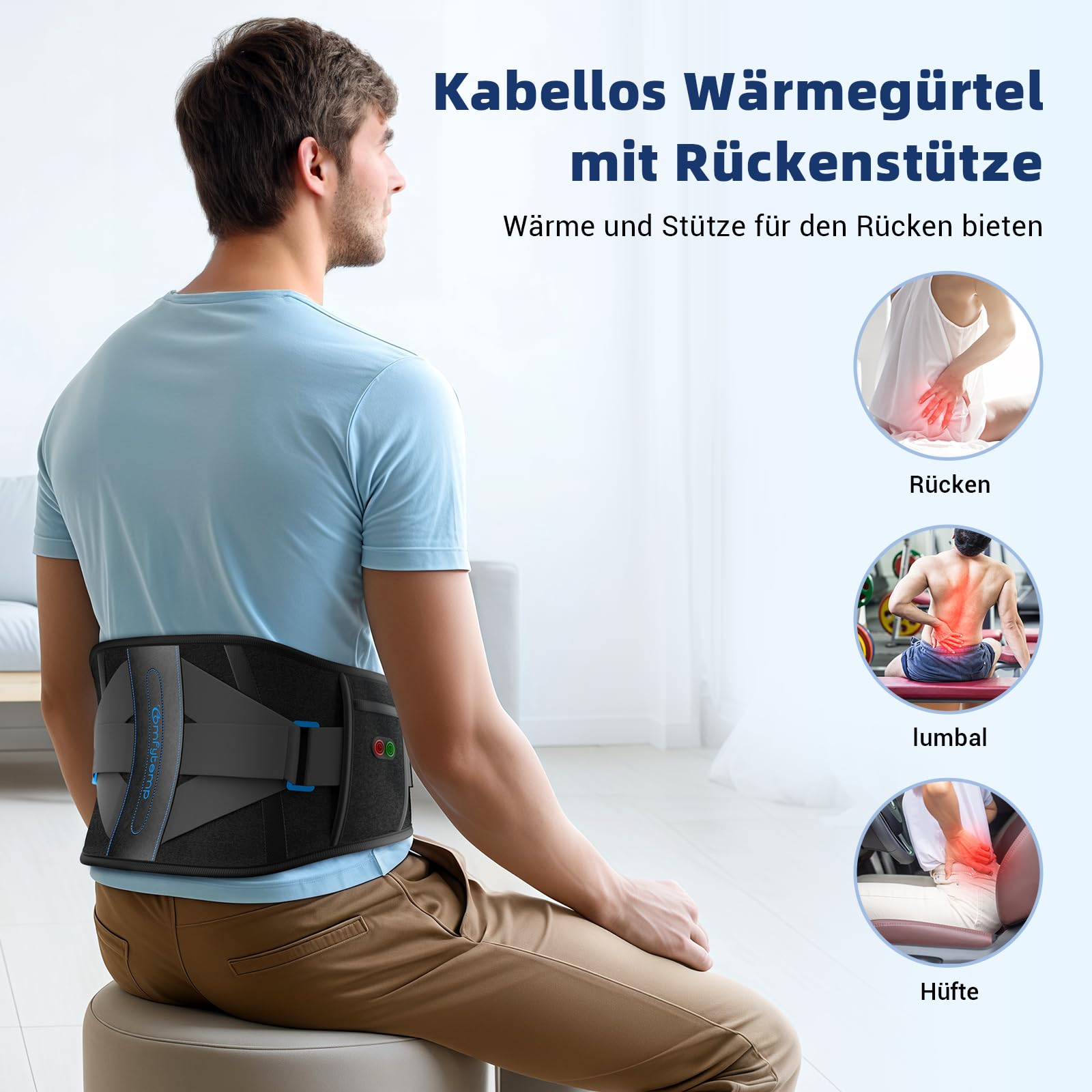 Comfytemp Wärmegürtel Rückenstützgürtel mit 25Wh Akku,155x22cm Kabellos Heizgürtel mit Rückenstütze für Rücken,Heizkissen mit Abschaltautomatik Rückenwärmer mit USB Geschenke Mütter, Mama, Papa