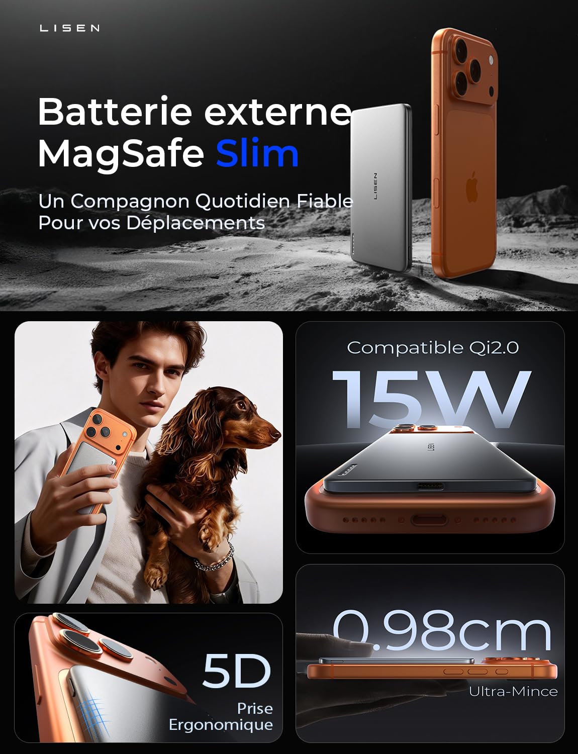 LISEN Batterie Externe Magsafe iPhone, QI2.0 15W Magsafe Powerbank, Ultra-Fine 5000mah 22.5W Charge Rapide USB C Output, Batterie Externe iPhone Magnétique pour iPhone 17/16/15/14/13 Pro Max