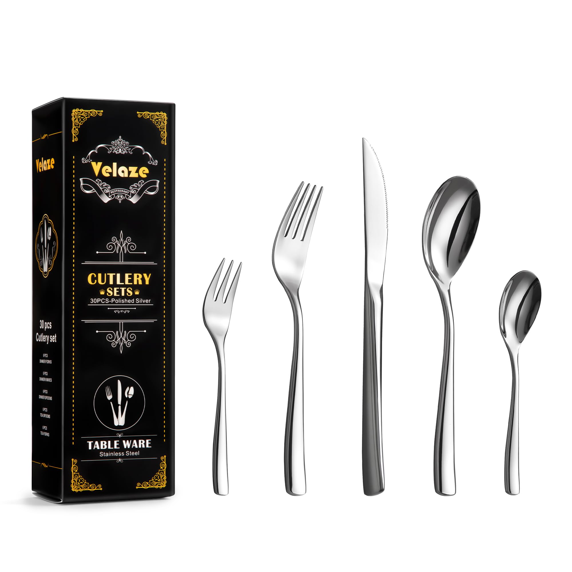 Velaze 30-Piece 18/10 Stainless Steel Cutlery Set, Knife and Fork Sets, Cutlery Set for 6 People Include Dinner Spoon, Dessert Fork, Knife and Tea Spoon, Mirror Polished Design
