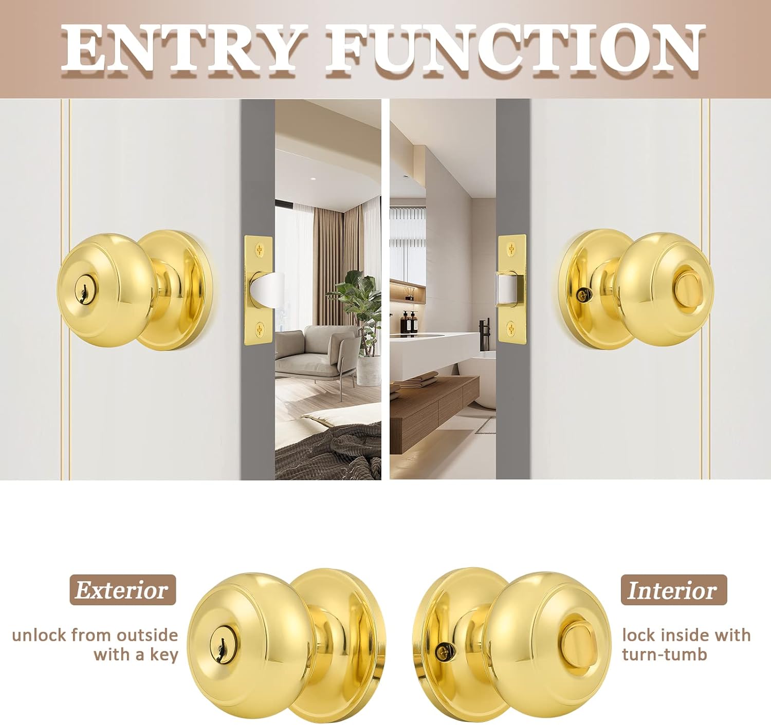 Probrico Entrance Door Knobs Door Lock Keyed Alike Lockset Polished Brass Same Key Round Ball Entry Door Knobs Pack of 3