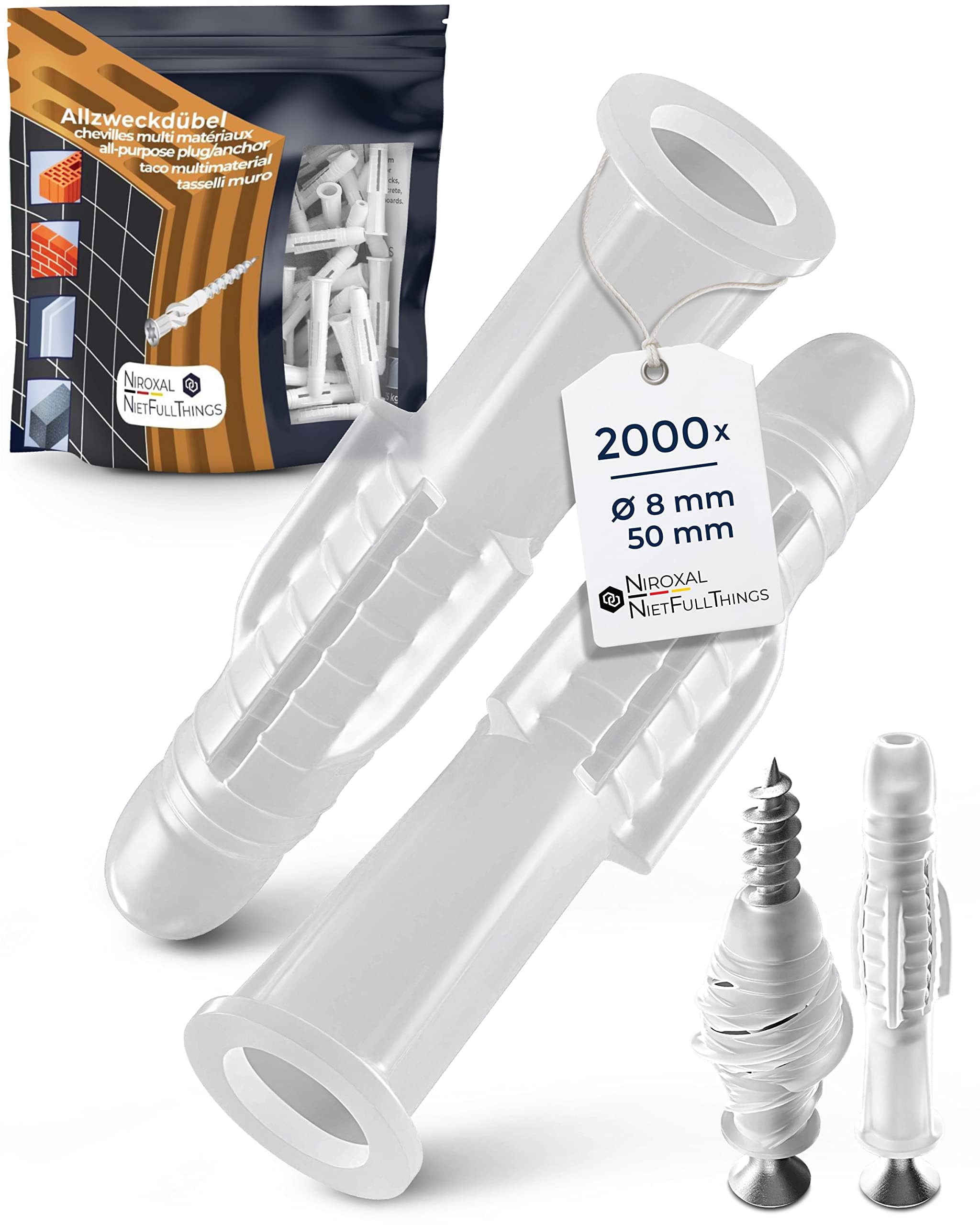 8mm Dübel Set – Universaldübel PE Kunststoff – 2000 Stück – für Beton, Gipskarton & Mauerwerk