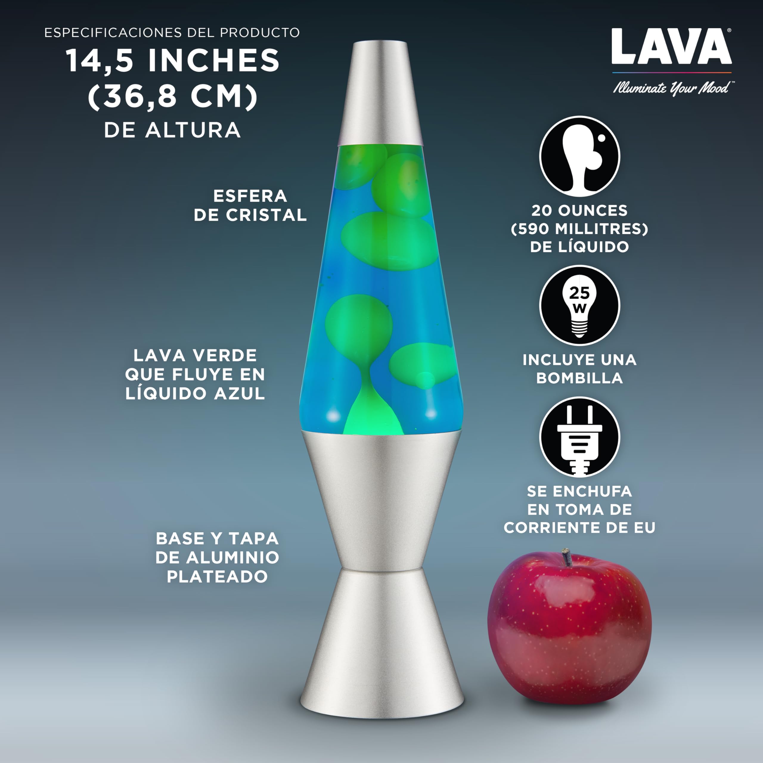 LAVA® - Lámpara Lava 2124, cera verde, líquido azul, base y tapa plateados, original de 14,5 pulgadas. Lámpara de movimiento marca LAVA®