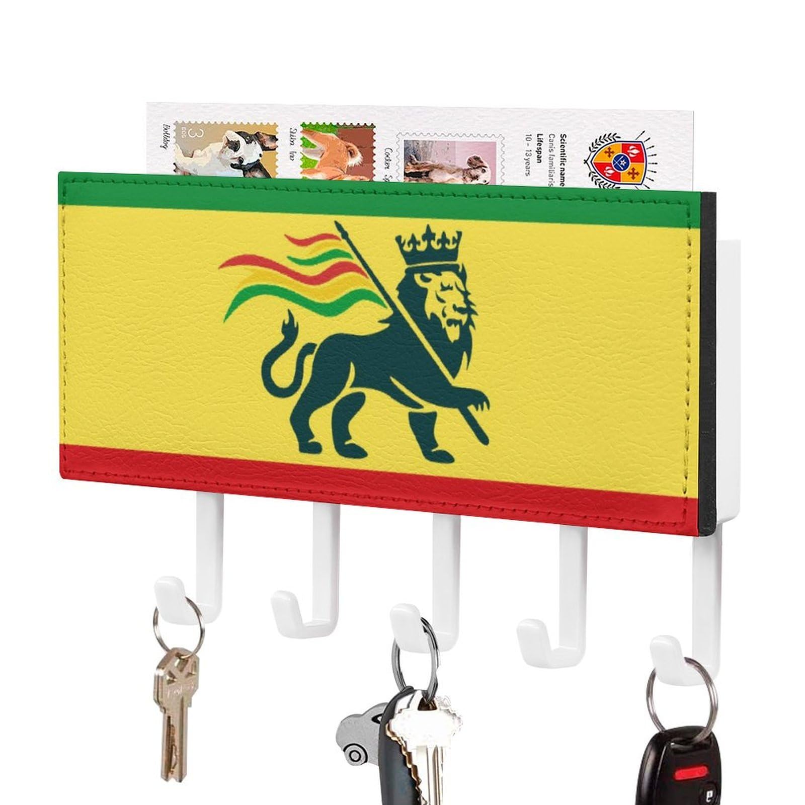 NCLQVJXZKHW Ethiopian Rastafarian Lion Flag Key Holder with 5 Hooks Key Hooks Wall Mounted Key Racks Key Hanger Organiser Shelf