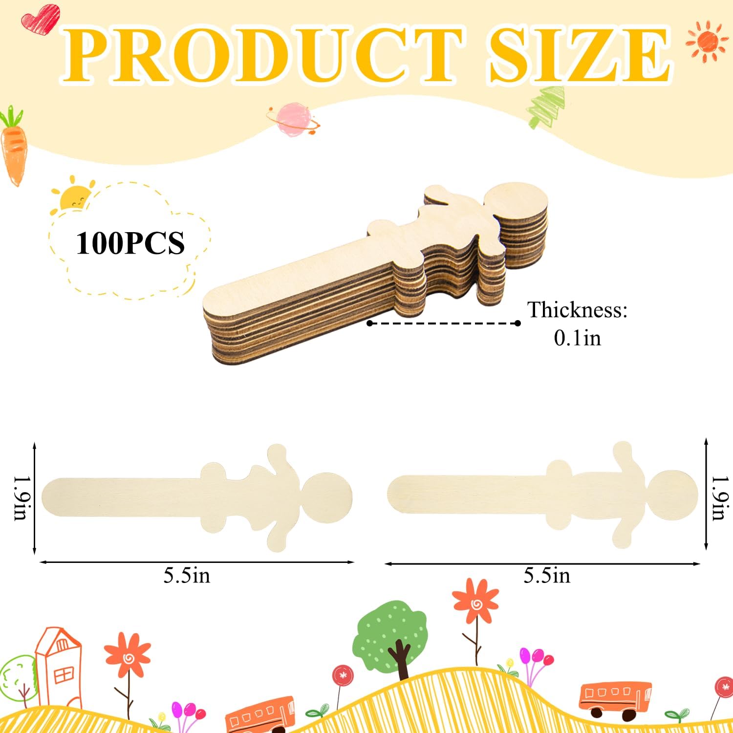 100 Pcs Unfinished People Craft Sticks, 5.5 Inch Wood Cutouts for Crafts People Shaped Blank Slices for Student DIY Projects Back to School Supplies