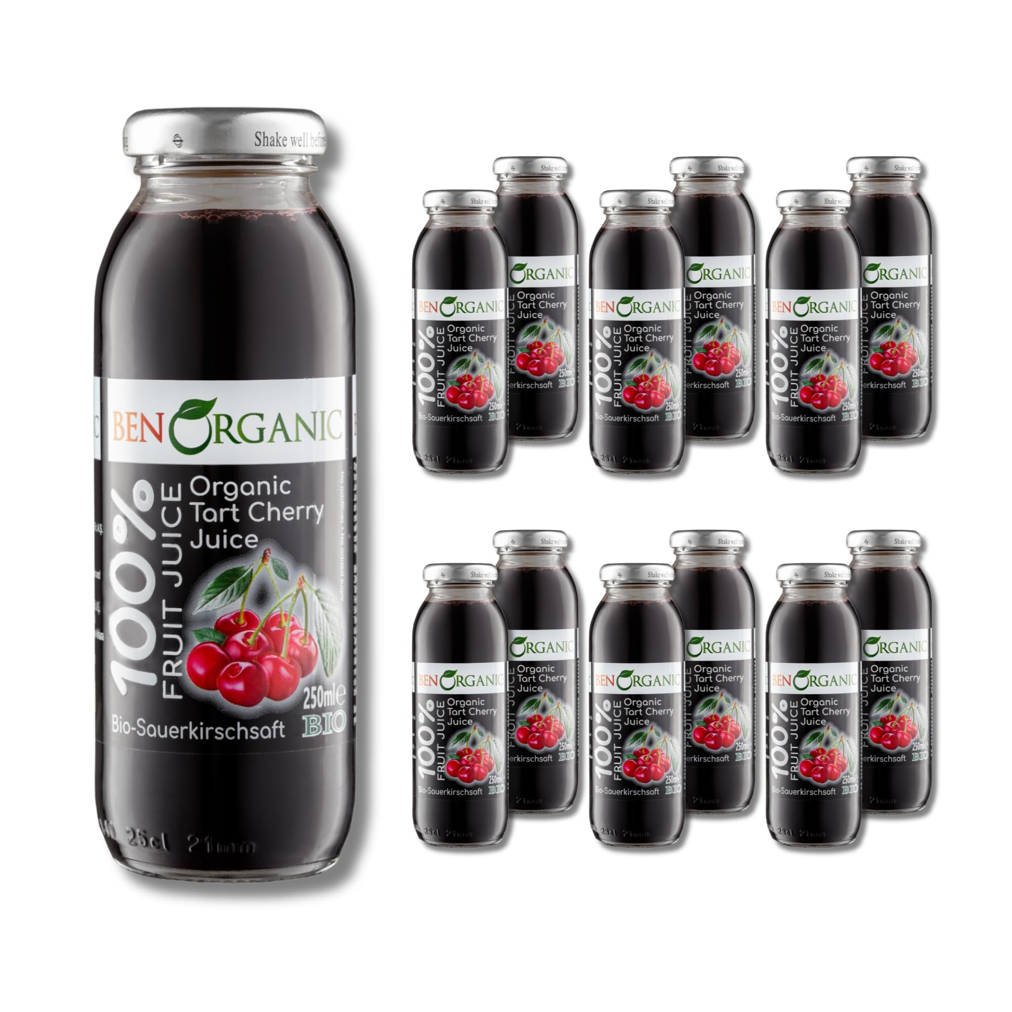 BenOrganic - Organic Cherry Juice – Glass Bottles (12 x 250ml), 100% Natural Fruit Juice Drink, No Sugar, No Additives, Not from Concentrate