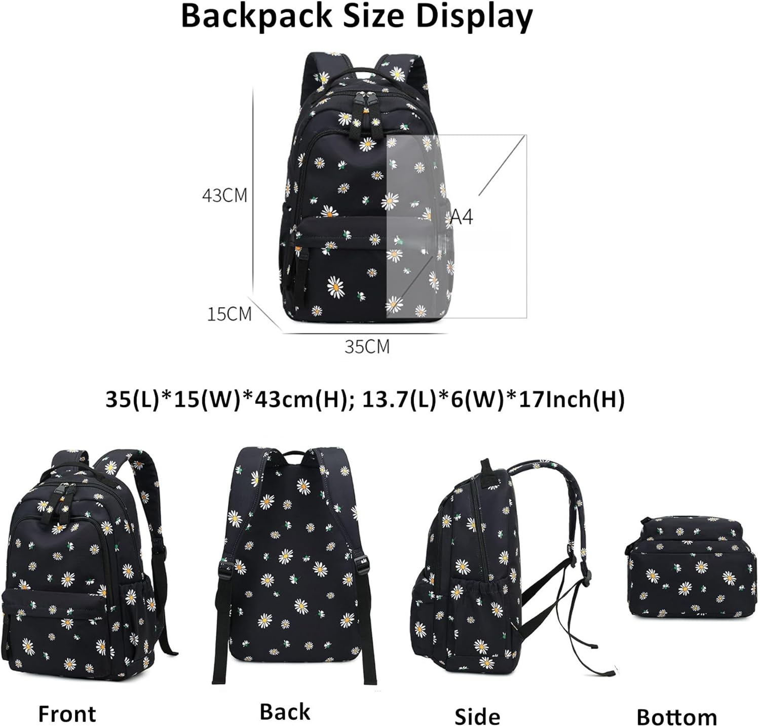 Daisy Prints Backpack for Girls Middle School Bookbag Elementary School Bags for Teens
