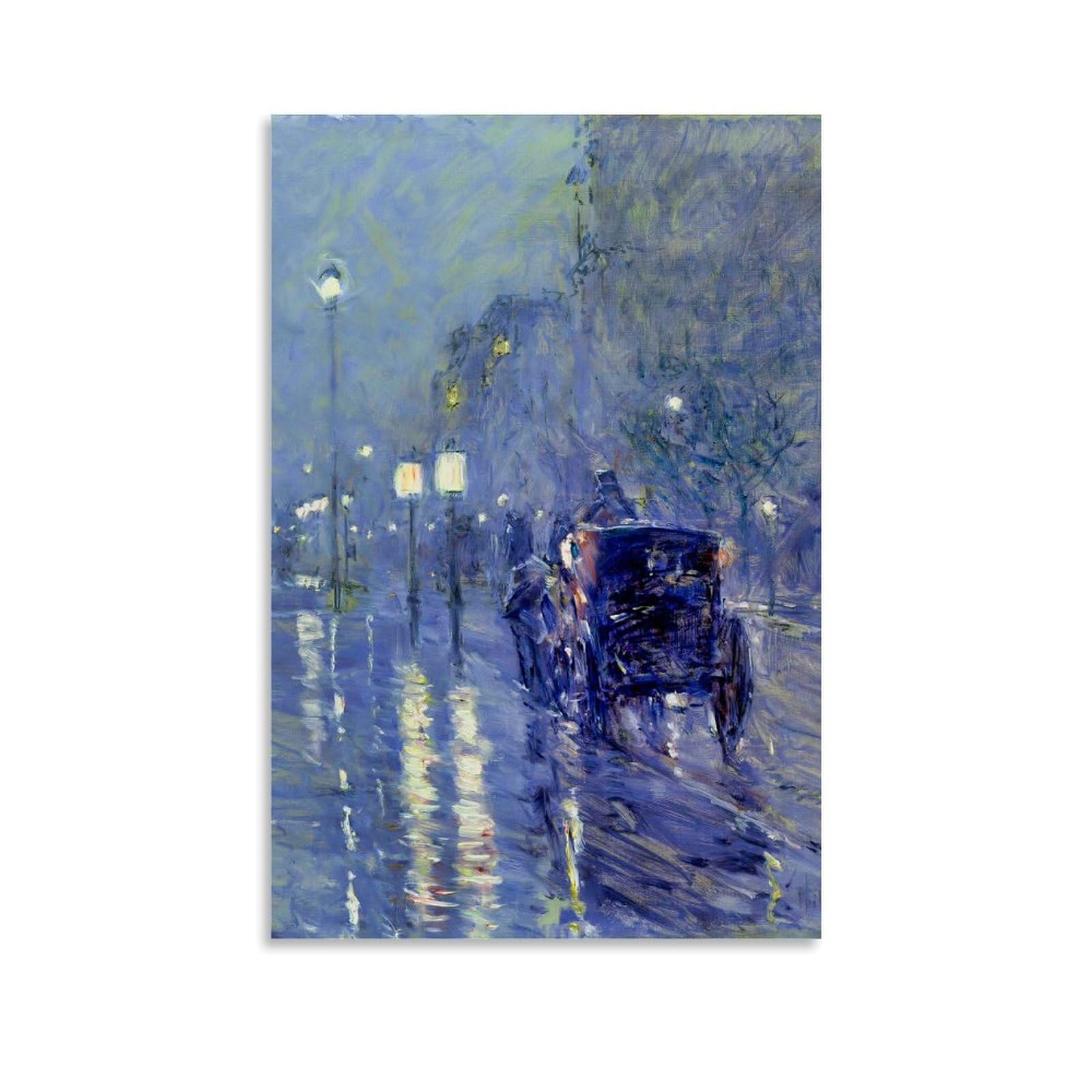 Impressionist Rainy Street Scene Art Print - Rainy Midnight by Frederick Childe Hassam, Vintage Cityscape with Horse-Drawn Carriage And Streetlights Wall Decor Canvas Wall Art Picture Prints Hanging P
