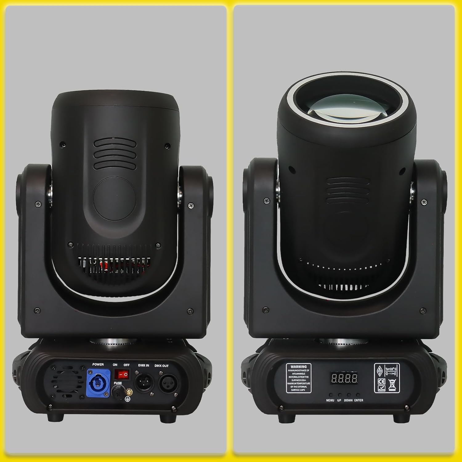 Rear view of YUERLT 250W LED Moving Head Light showing power and DMX ports