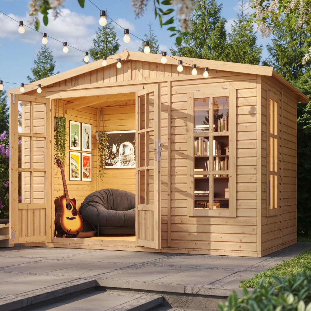 Caseta de jardín de Madera de 6 m2 - Cobertizo Jardin Exterior con Suelo, Ventana, Puerta Doble - Cabaña de jardín para Trabajar en casa - con Tejas bituminosas Negro - TIMBELA M334FB+H334FBBLACK