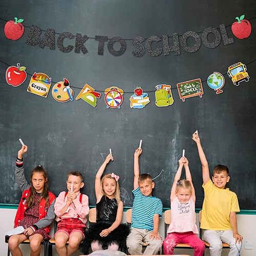 Miniatura 4 de Decoración de pancarta de bienvenida de regreso a clases, guirnalda colorida con purpurina para el primer día de escuela, banderines para aula,