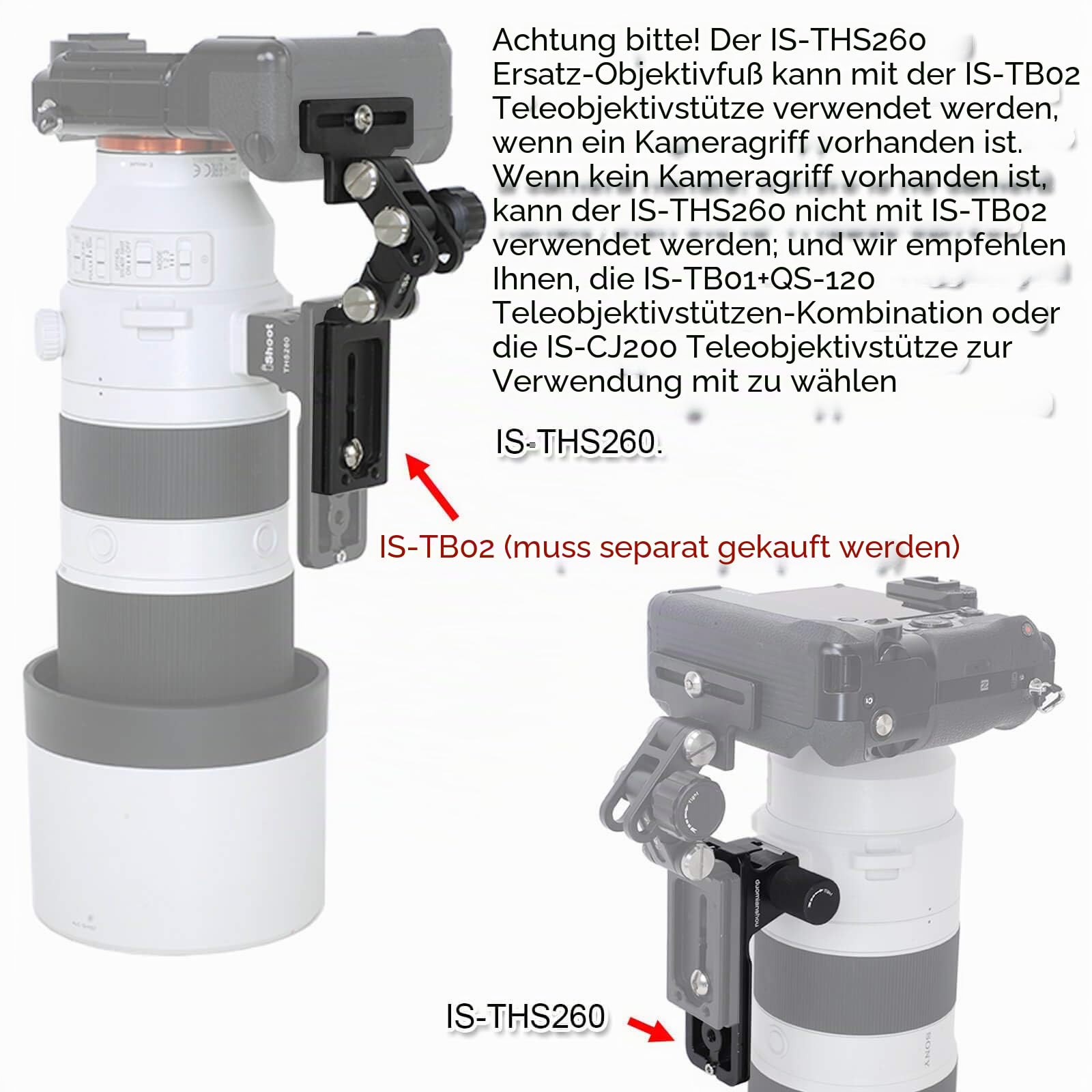 iShoot Ersatz-Objektivfuß IS-THS260 für Sony FE 200–600 mm f/5.6–6.3 G OSS Super Telezoom-E-Mount Objektiv SEL200600G – Arca-Swiss Style – integrierte 105 mm Länge Schnellwechselplatte