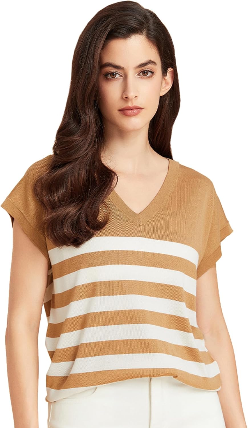 GreenMount Women's Silk Cashmere Classics V-Neck Striped T-Shirt Loose Casual Summer Tee