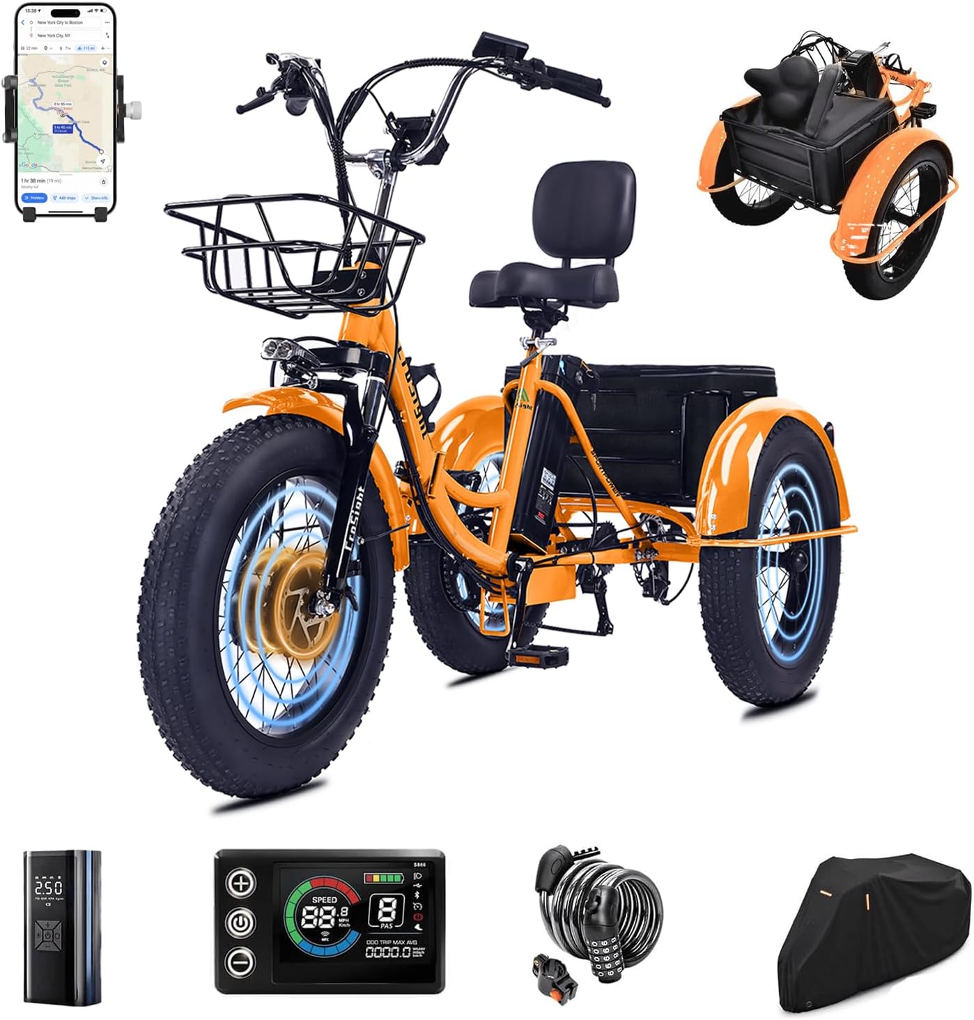 2.0 Electric Tricycle for Adults, 20"x4" Fat Tire Folding Electric Trike, 750W 48V 20Ah Battery, Built-in Speaker, USB Port, 7 Speed, 3 Wheel E-Trike