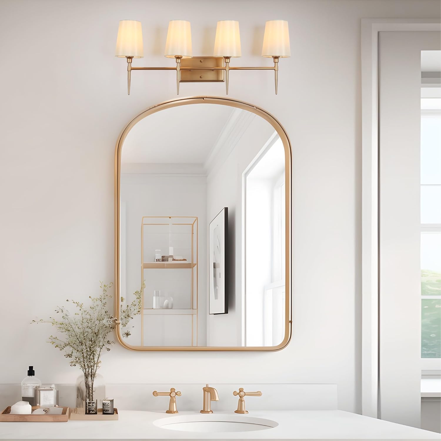 KSANA Gold Bathroom Light Fixtures, 4 Light Modern Vanity Lights for Bathroom with White Fabric Shade, 29 Inch Bathroom Lighting Lights Fixtures Over Mirror
