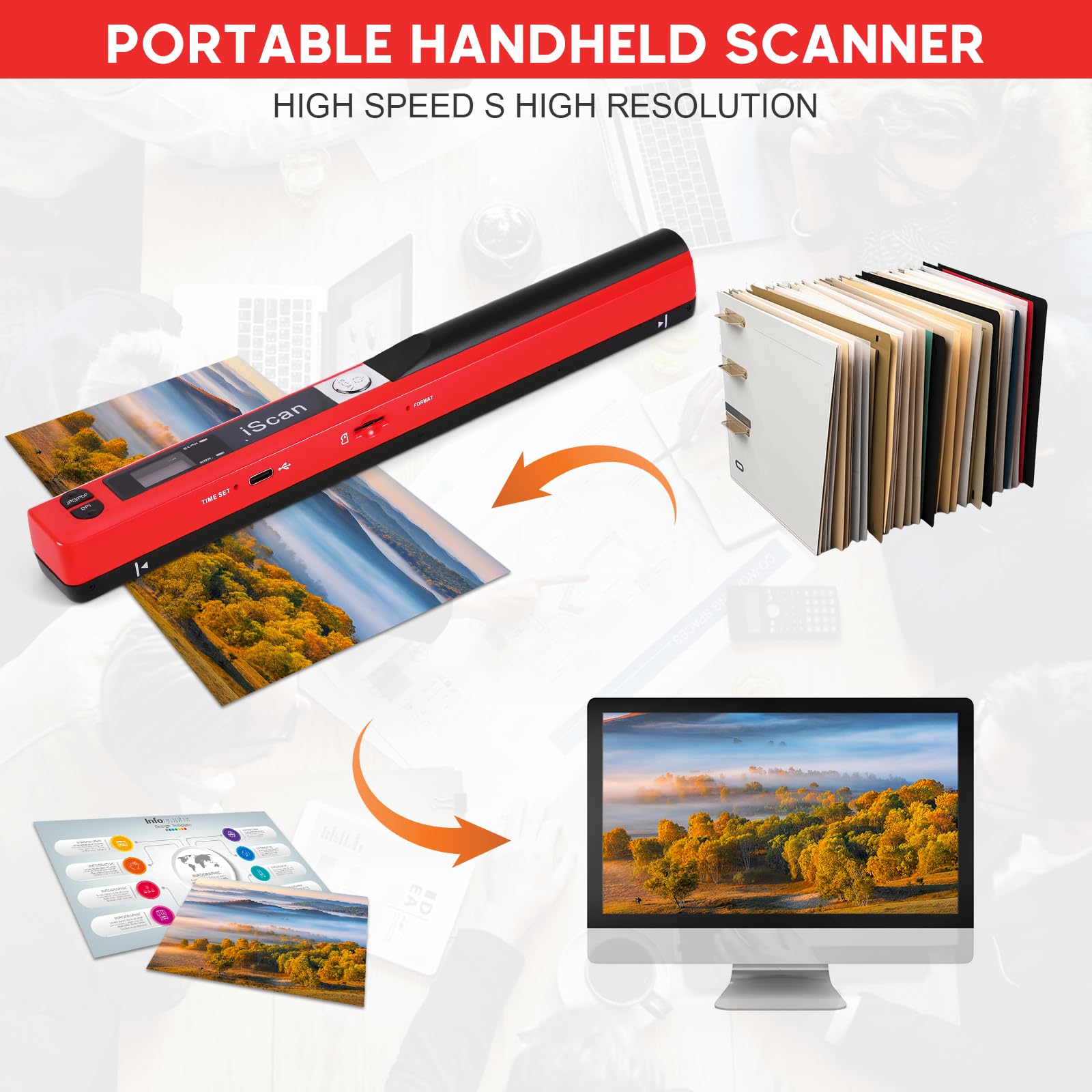 Scanner Per Documenti Portatile, 900 Dpi, Scanner di Immagini USB A4 a Colori, Scanner Portatile Per Foto, Scansione Pratica (Micro Bisogno di Schede SD/TF) (Rosso)