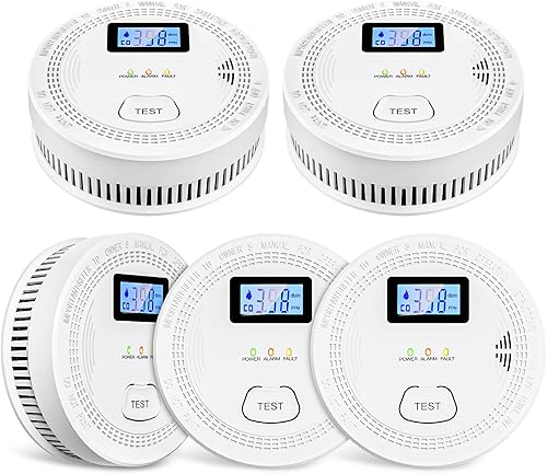 Paquete de 5 alarmas de CO con combinación de humo, detección 2 en 1, detector de CO, detector de humo, alarma de CO alimentada por batería con LED,