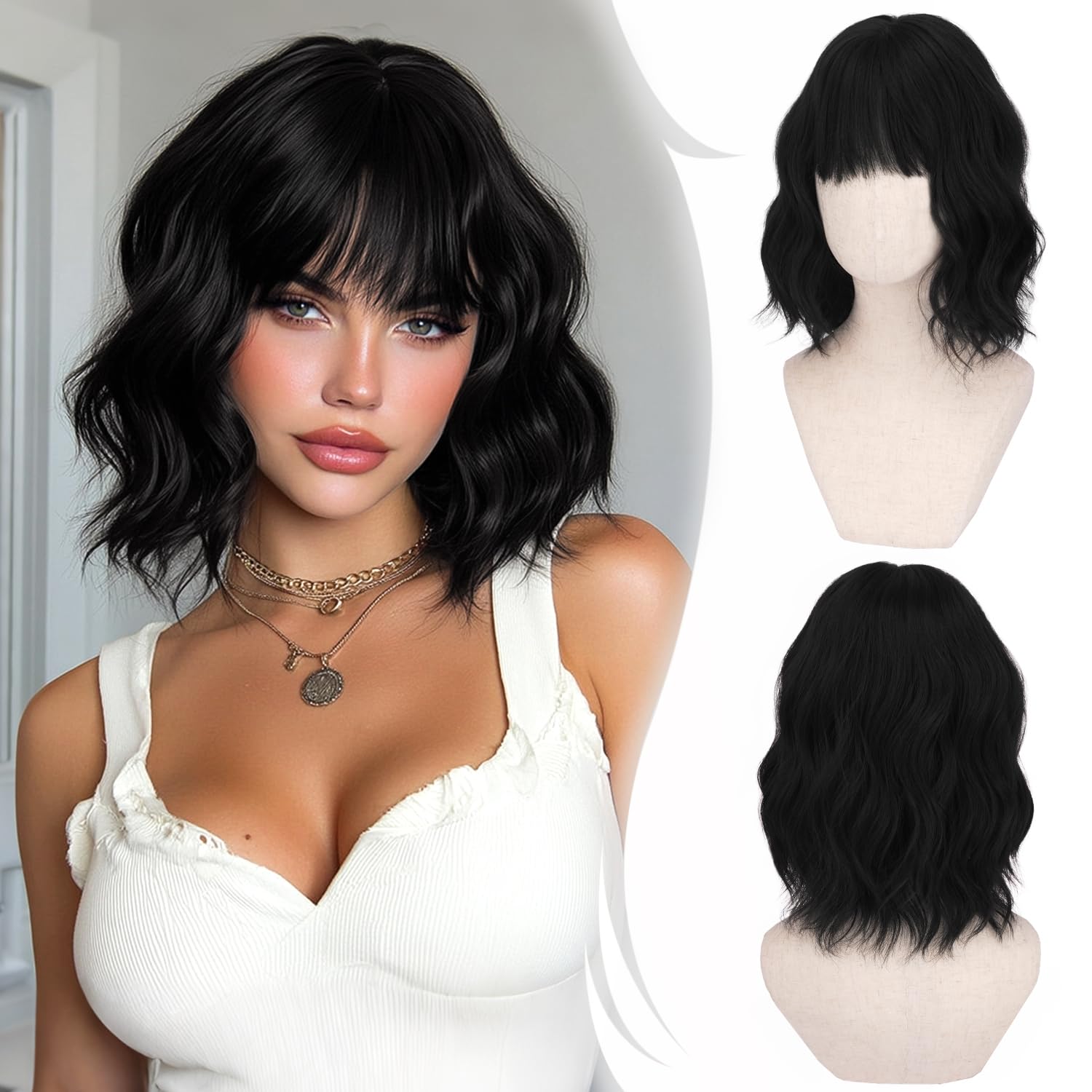 RUWISS Kurze Gewellt Bob Perücke mit Pony Damen Schwarz 35 cm Synthetische Lockige Haare Perücken für Cosplay Tägliche Party Halloween