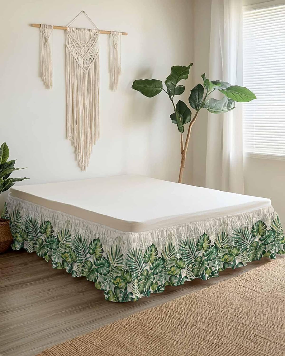 Palm Tree Leaves Bed Skirt Cal King Size 18 Inch Drop, Adjustable & Elastic Wrap Around Bed Skirts Pleated Luxury Dust Ruffles for Twin Full Queen Cal King Base Bed, Green Summer Tropical Leaves