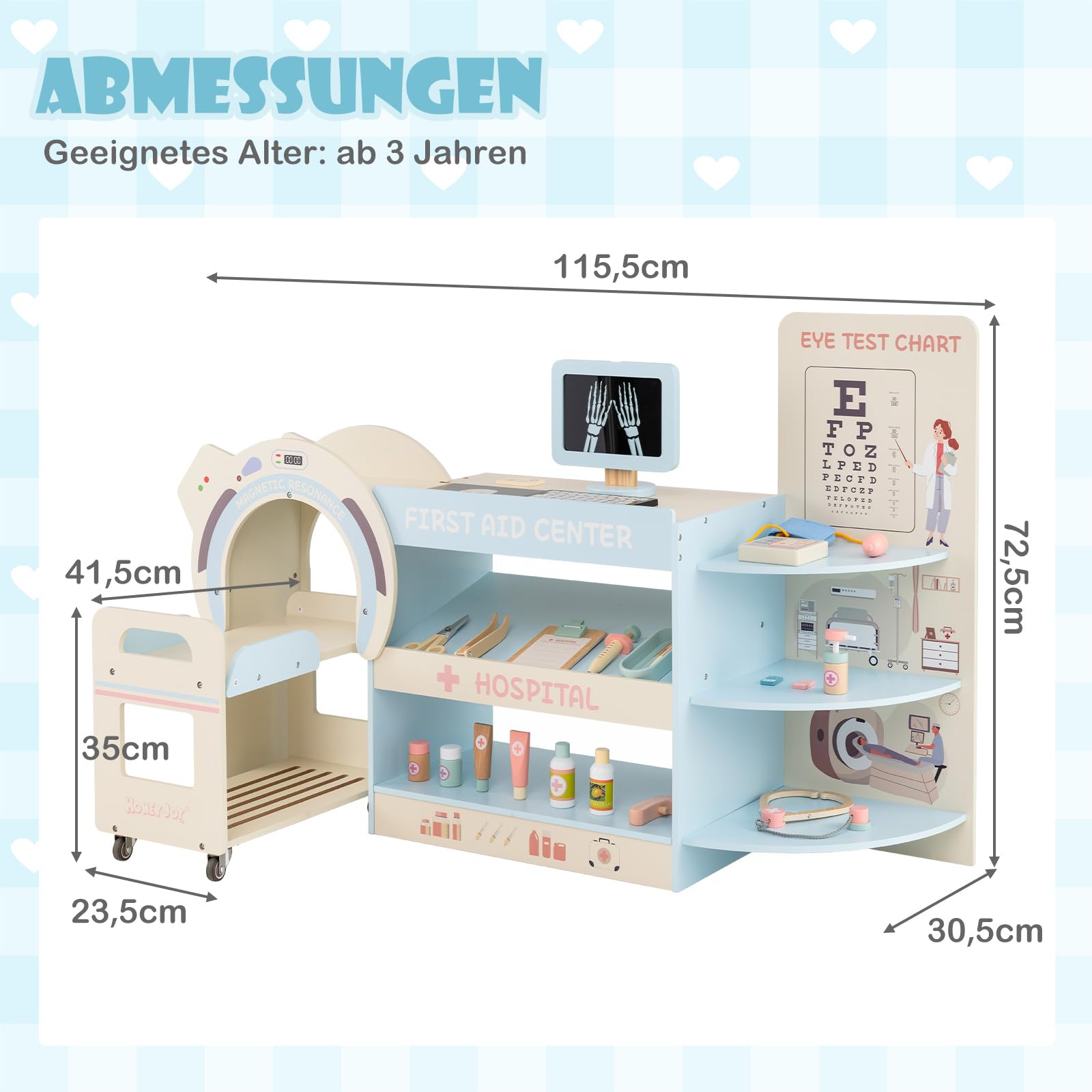 COSTWAY Holz Doktor Spielset, Krankenhaus Rollenspiel mit Sehtafel, Stethoskop, CT-Gerät, austauschbaren Filmen & medizinischen Zubehör, Arzt Set, Medizinisches Zentrum für Kinder ab 3 Jahren (Blau)