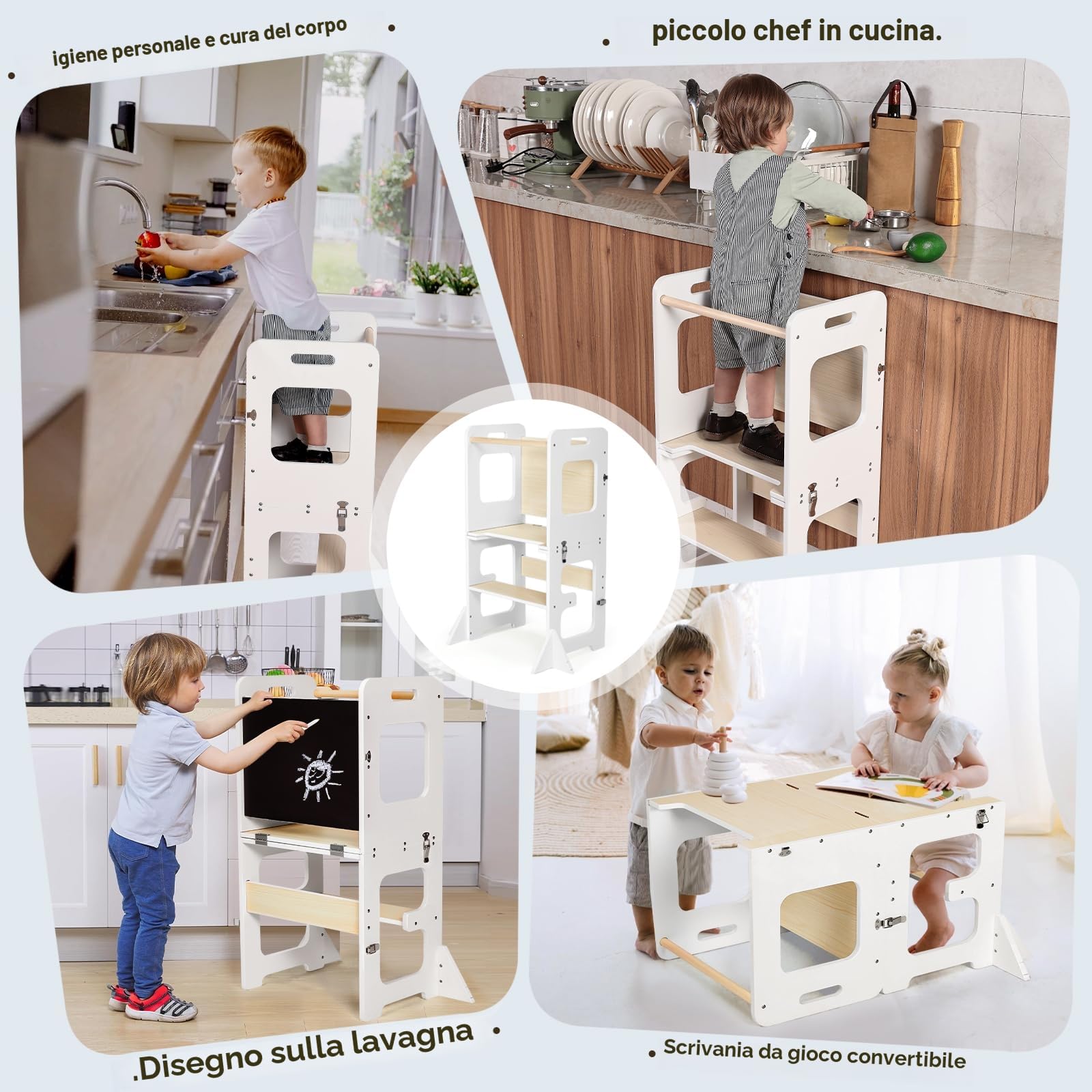 Labebe Montessori Torre per bambini, 3 in 1 Torre di Apprendimento Pieghevole, Multifunzionale Torre didattica con lavagna, Legno protezione antiribaltamento torretta da 1 anno bambini-bianco e legno