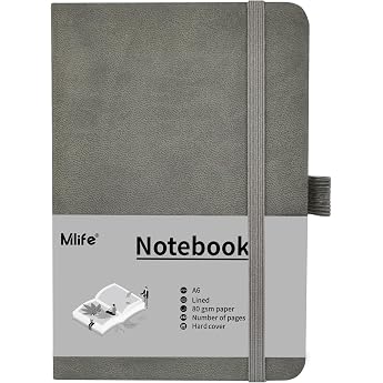 Mlife A6 Small Journal Notebook 192 Pages A6 Notebooks Mini Hardcover with Elastic Closure Band and Folding Pocket Grey