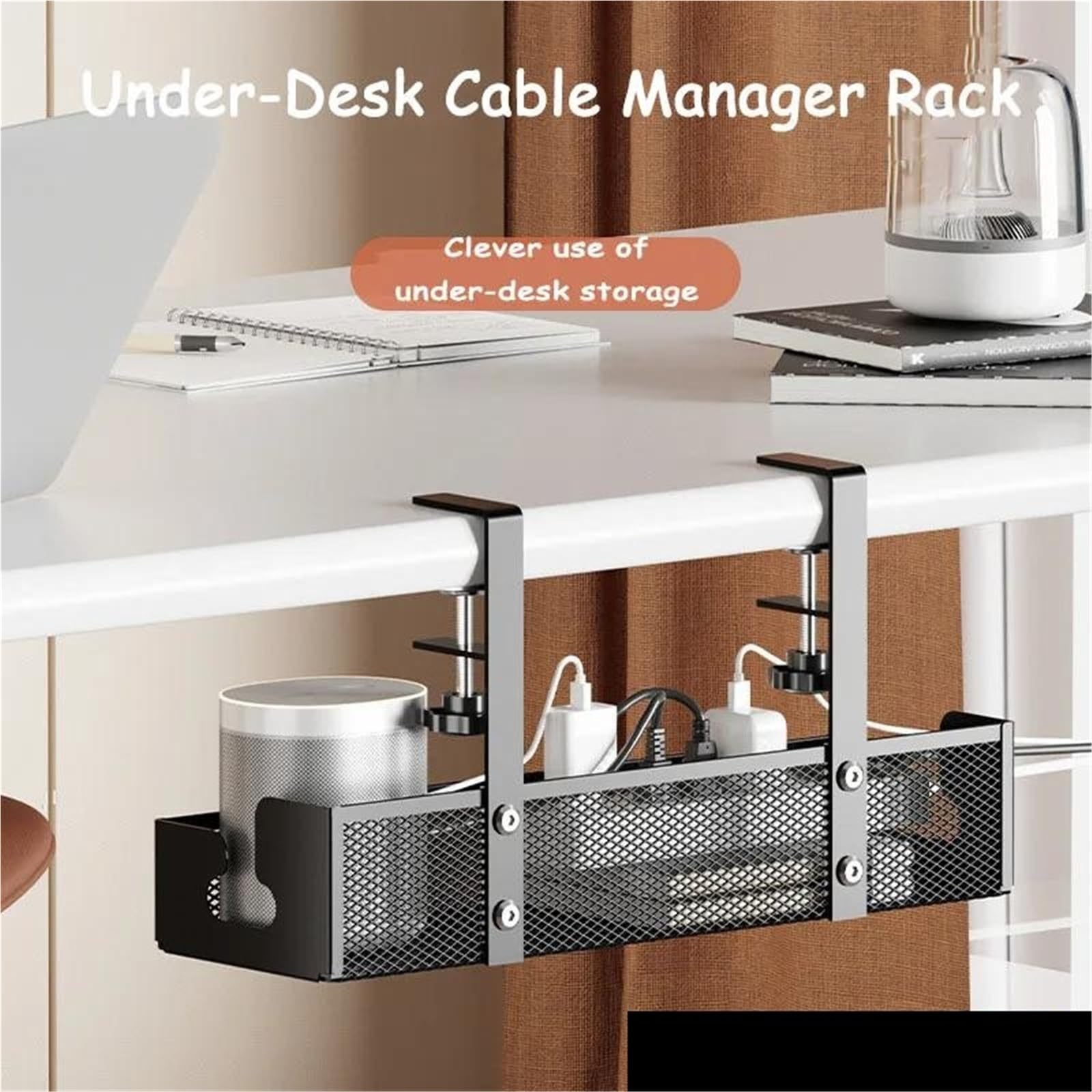 Kabelkanal Schreibtisch Untertisch-Aufbewahrungsregal, Metallkabel-Management-Tablett, Heimbüro, Schreibtisch, Draht-Organizer, ohne Stanzen, Küchenaufbewahrungszubehör(Black L 40cm)