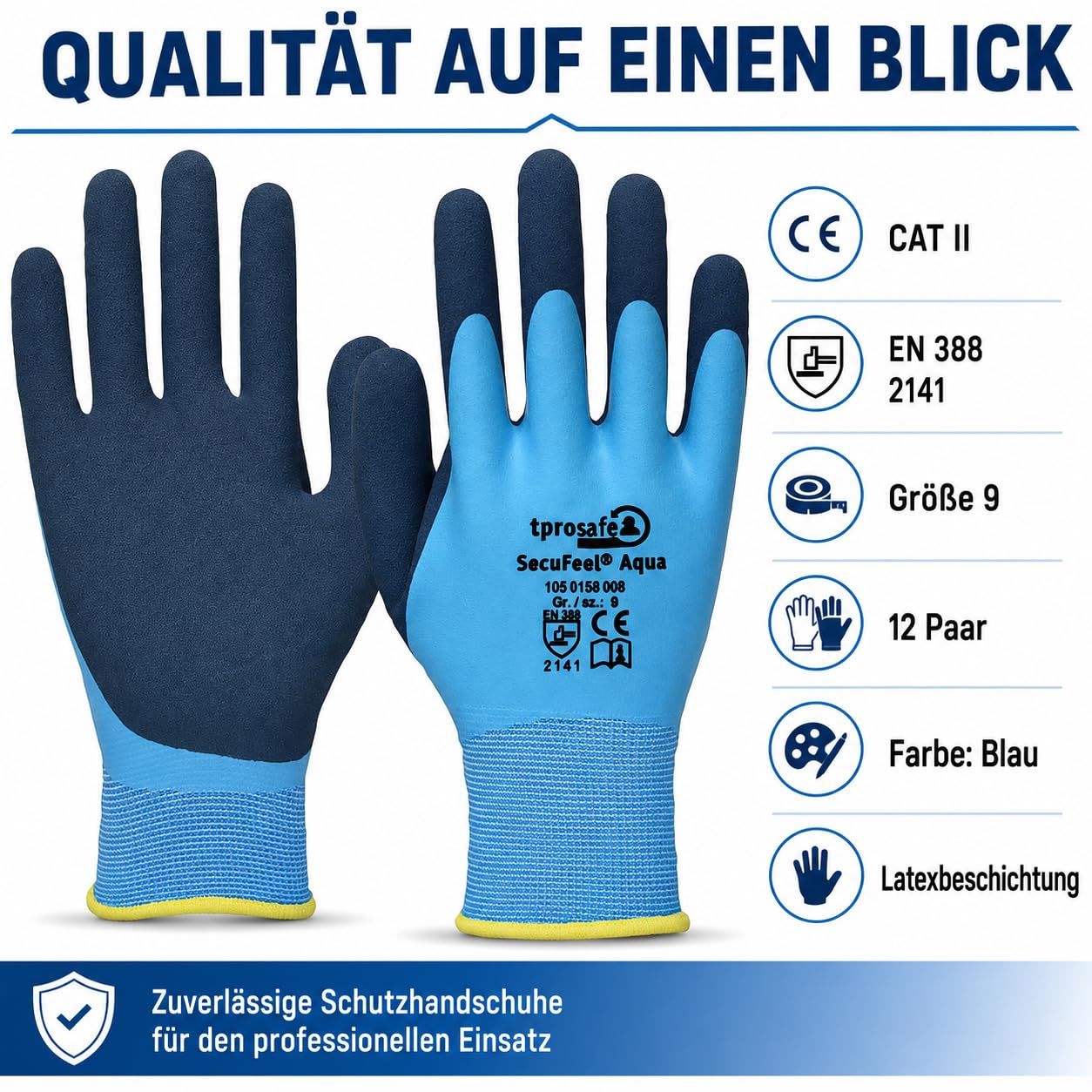 SecuFeel Aqua 12 Paar Arbeitshandschuhe Gr. 11 | Wasserdicht | Nassgriff Feinstrickhandschuhe mit doppelter Latexbeschichtung für Gartenbau, Gerüstbau und Landwirtschaft | CAT II