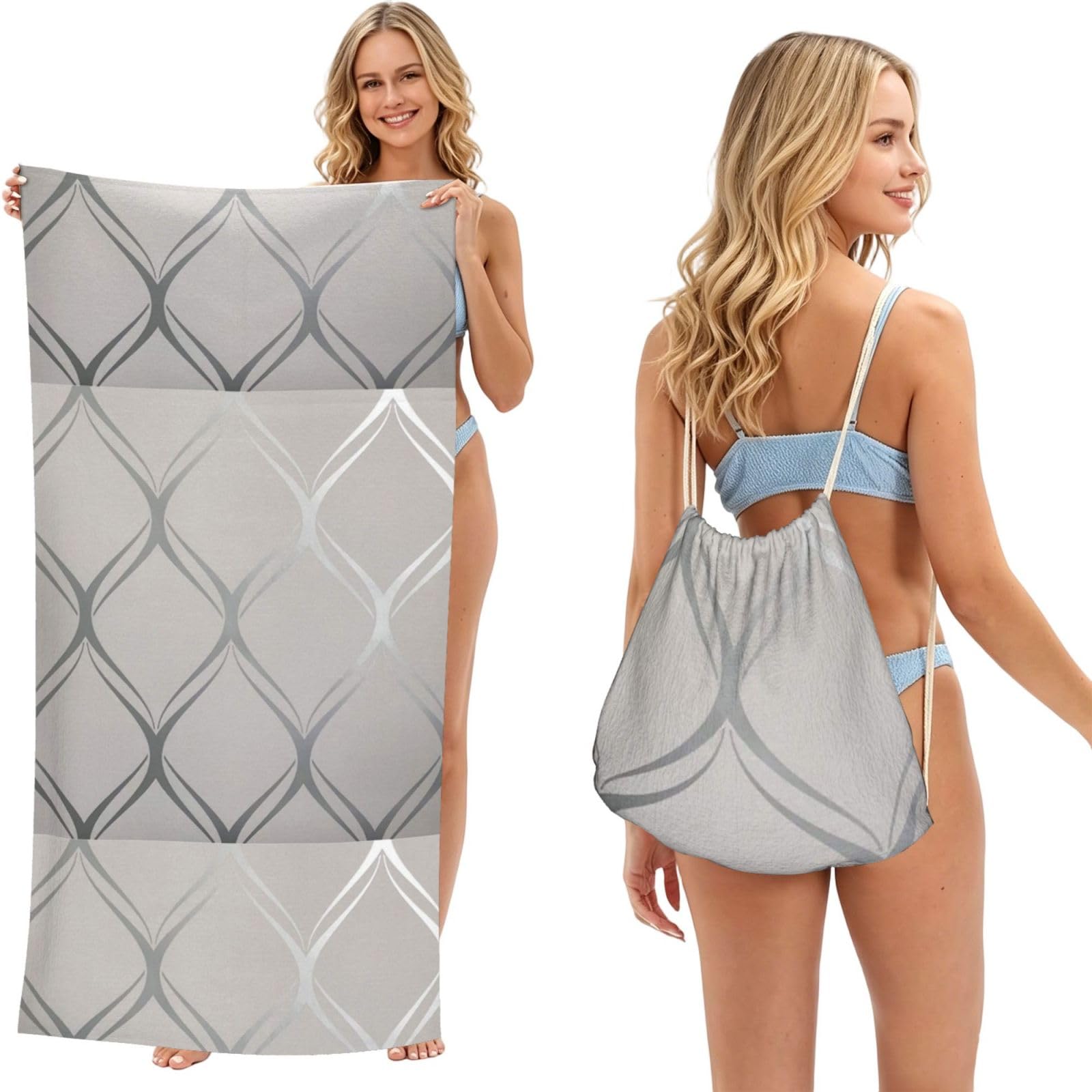 Poadnly As Picture Wave Geometric Grey Silver, 2 In 1 Packable Towel Bag, Beach Towels With Drawstring Backpack For Travel Holiday Camping