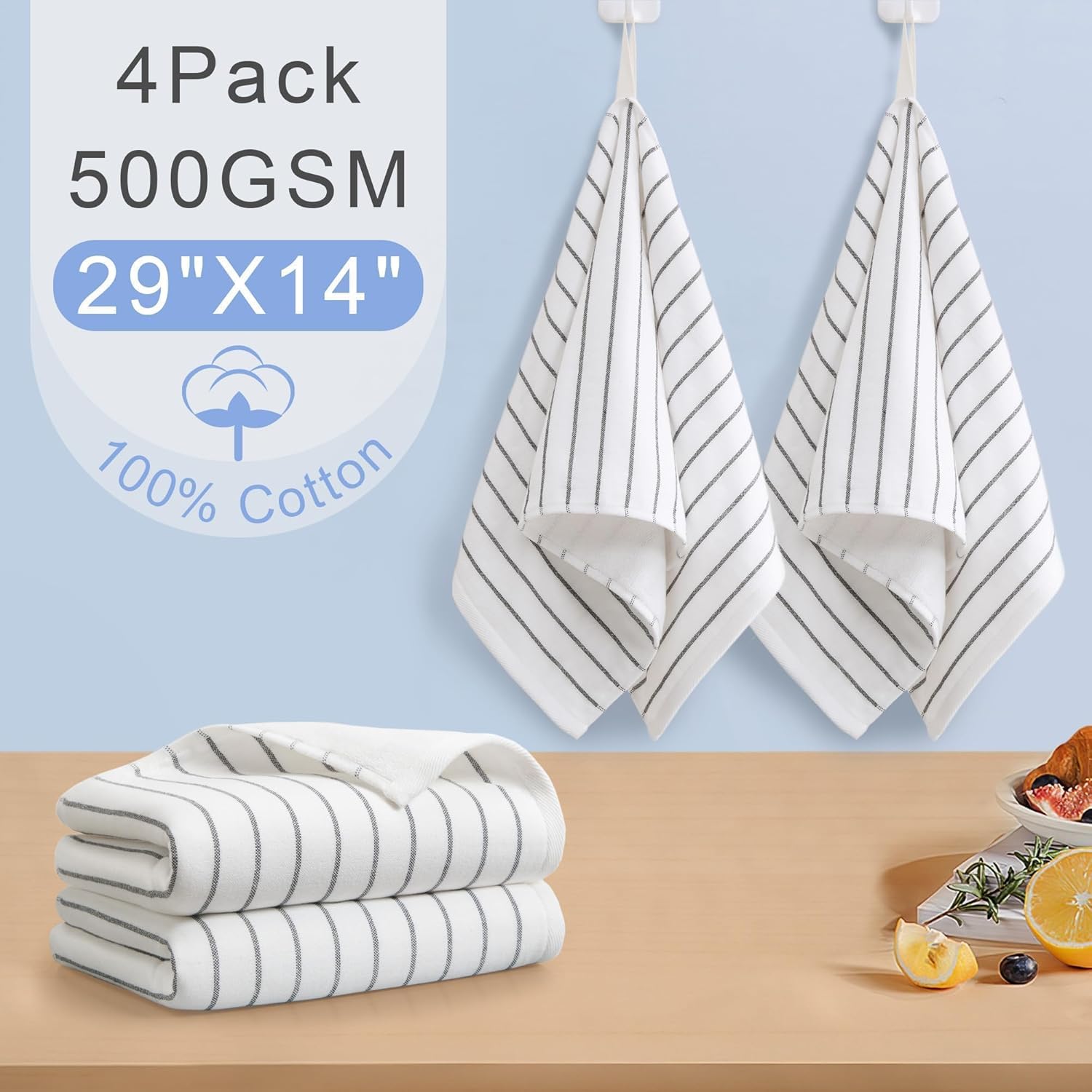 4-Pack Striped Hand Towels, thick 450GSM, Ultra-Absorbent & Quick-Drying ，100% Cotton 13x28 Inch Hand Towels with Hanging Loops, White Background Black Stripe Design for Bathroom & Kitchen