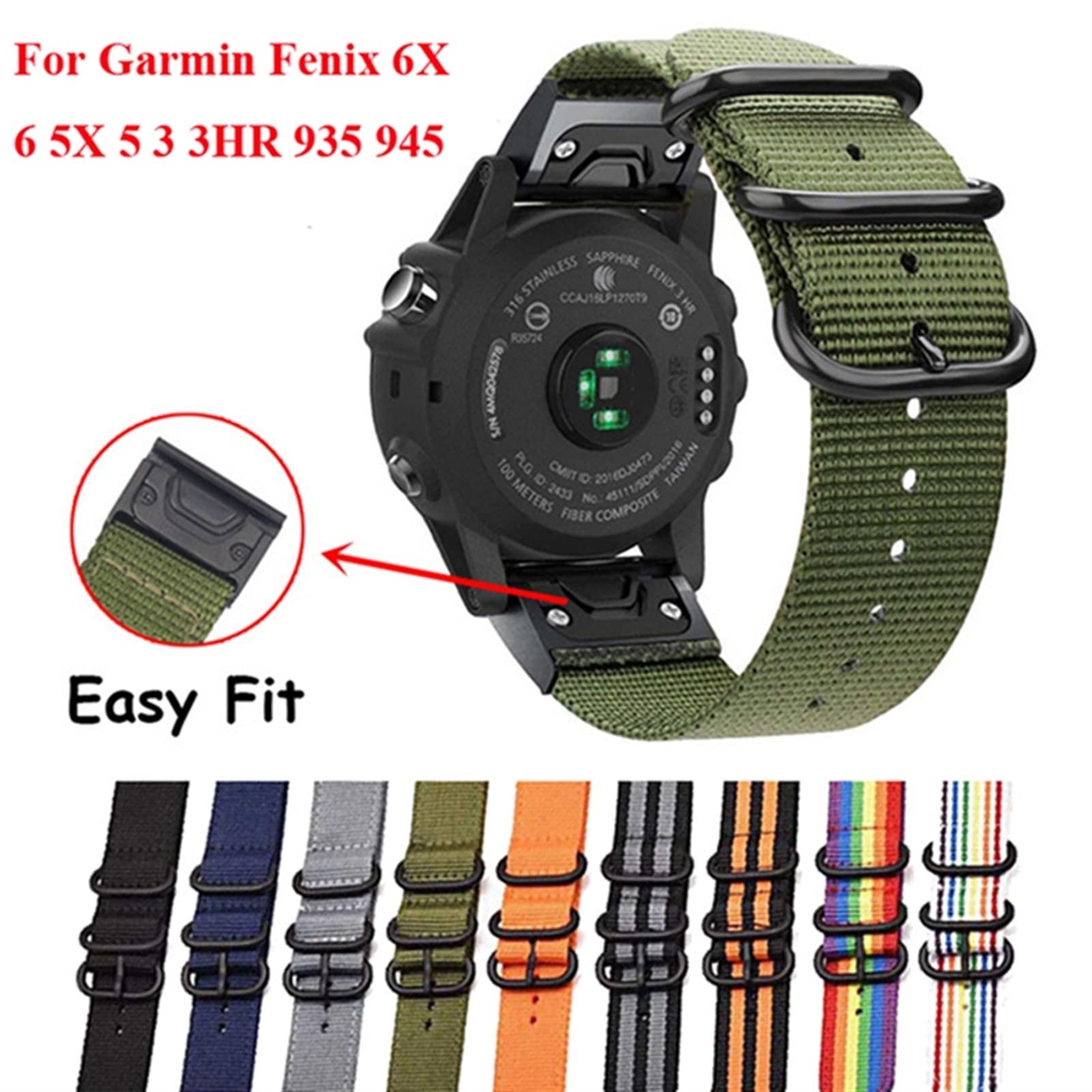 22 26 mm szybkoschnący nylonowy pasek do zegarka Garmin Fenix 6X 6 Pro Smart Watch Easy Fit Band do zegarka Fenix 5X 5 3 3HR 935 945 (kolor: zieleń wojskowa, rozmiar: 22 mm Fenix 5 5Plus)