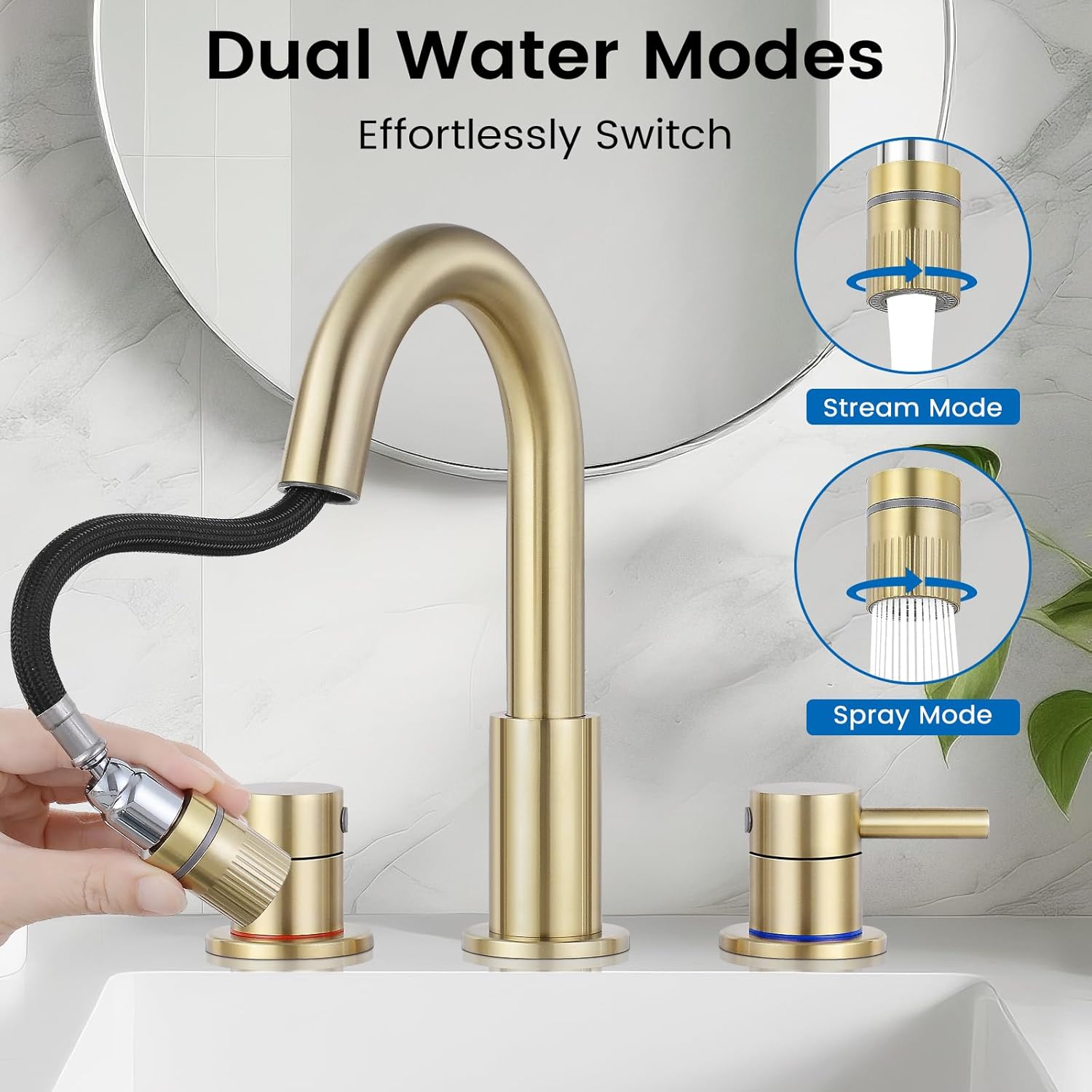 Bathroom Faucet 3 Hole, 8 Inch Widespread 2 Handle Pull Down Bathroom Sink Faucets with Pop Up Drain and 360° Swivel Spout, Brushed Gold