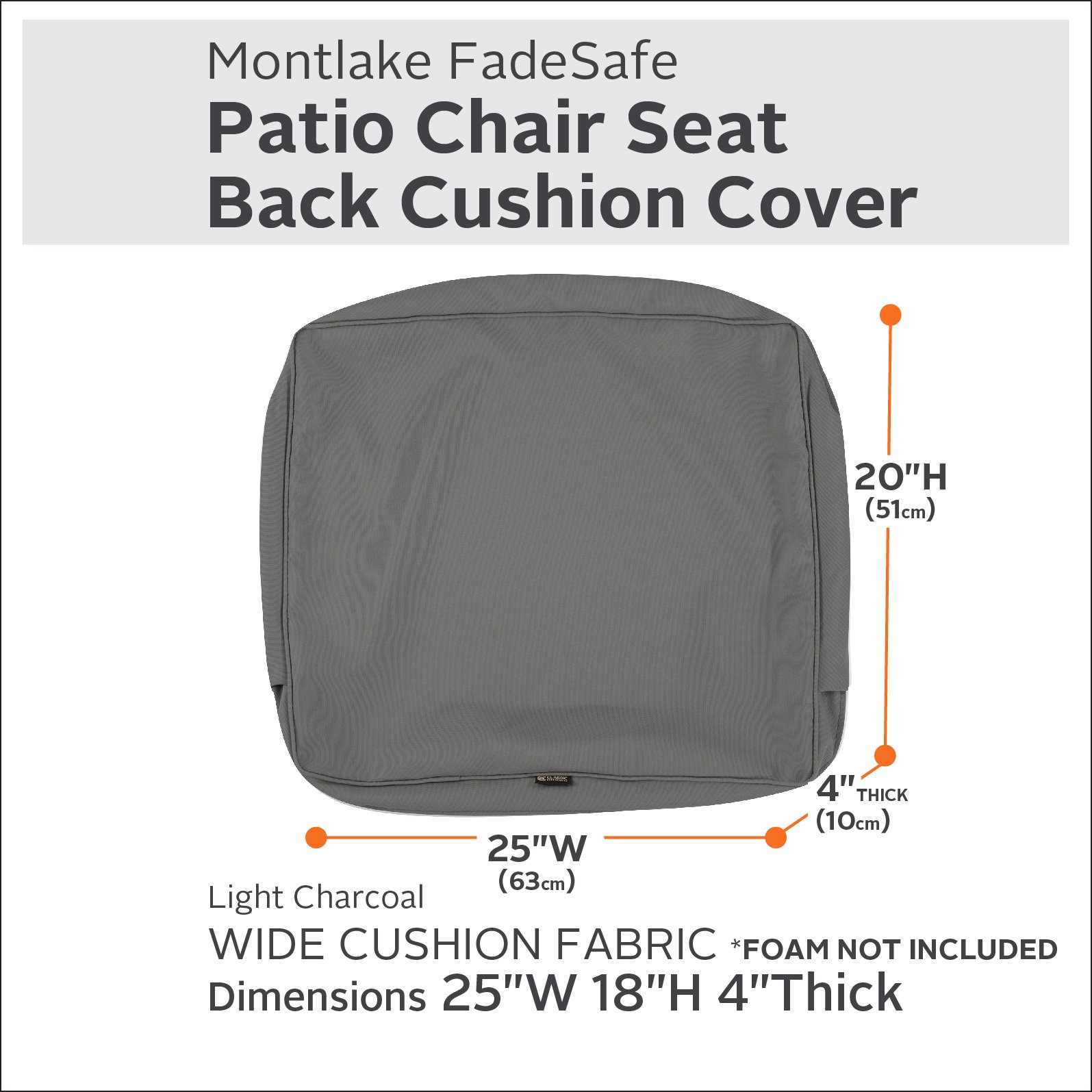 Classic Accessories Montlake FadeSafe Patio Lounge Back Cushion Slip Cover,4" Thick, Light Charcoal Grey - Image 3