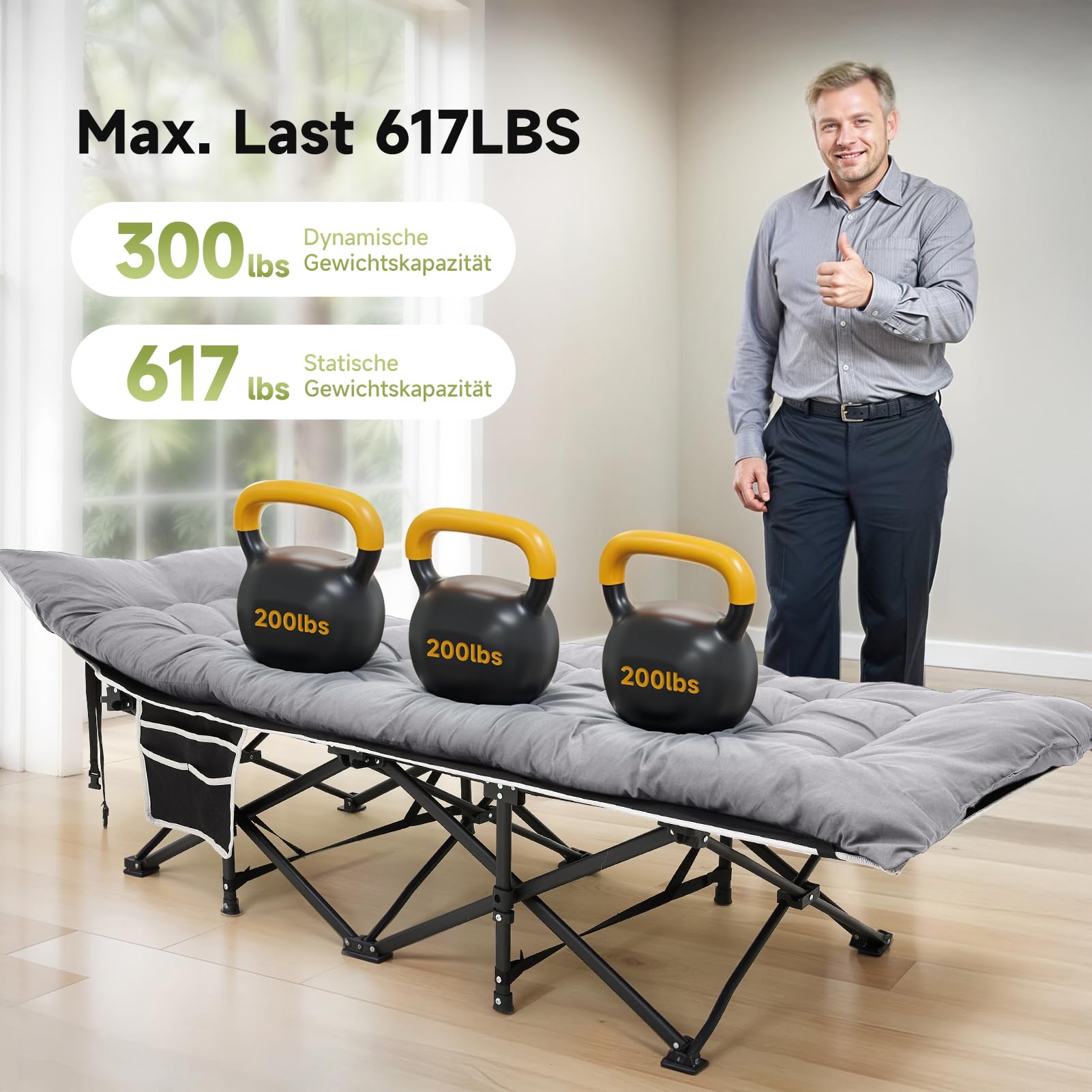 Warmiehomy Cama plegable XXL con colchón para adultos, cama de invitados plegable, extra ancha, resistente, cama de camping con bolsillo lateral, bolsa de transporte, camas para exteriores, camping