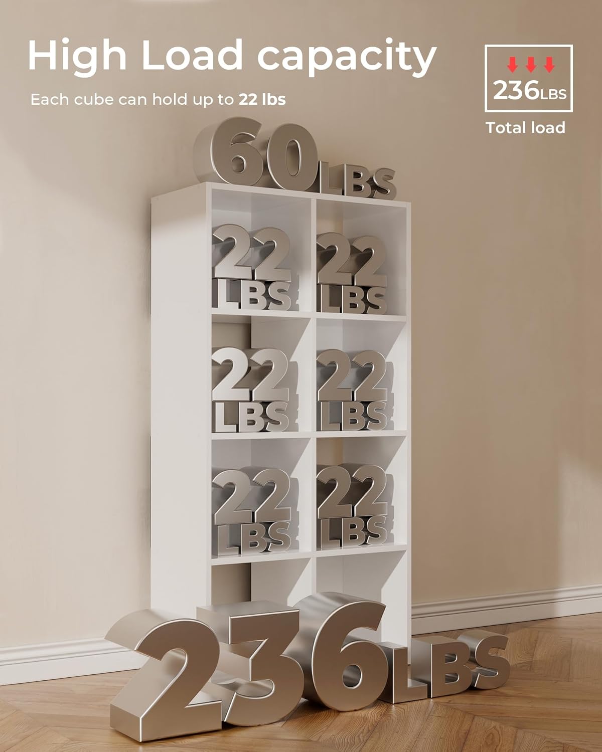 LUCKLIFE 8-Cube Storage Organizer, Stackable Modular Bookcase Shelf with Vertical or Horizontal Use, Fits 11×11" Bins, Optional Back Panels, for Living Room, Office, White