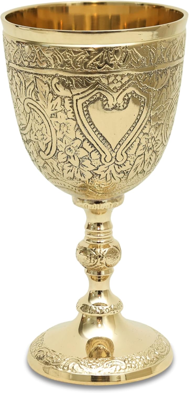 Handcrafted Brass Goblet Royal Wine Glass – Vintage Engraved Chalice, Decorative Drinking Cup for Home Bar, Wine, Whiskey & Royal Table Décor (Pack of 1) 7 oz / 210 ml