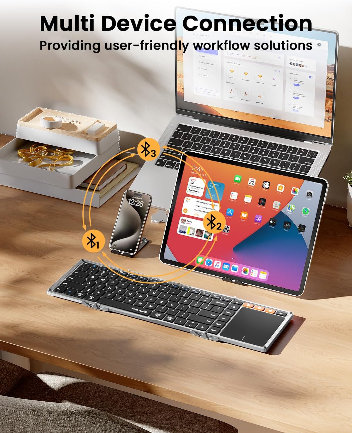ProtoArc Foldable Keyboard with Touchpad, XK01 TP Folding Portable Keyboard, Full Size Keys, Large Trackpad Bluetooth Travel Keyboards for Laptop PC Tablet - Black Silver