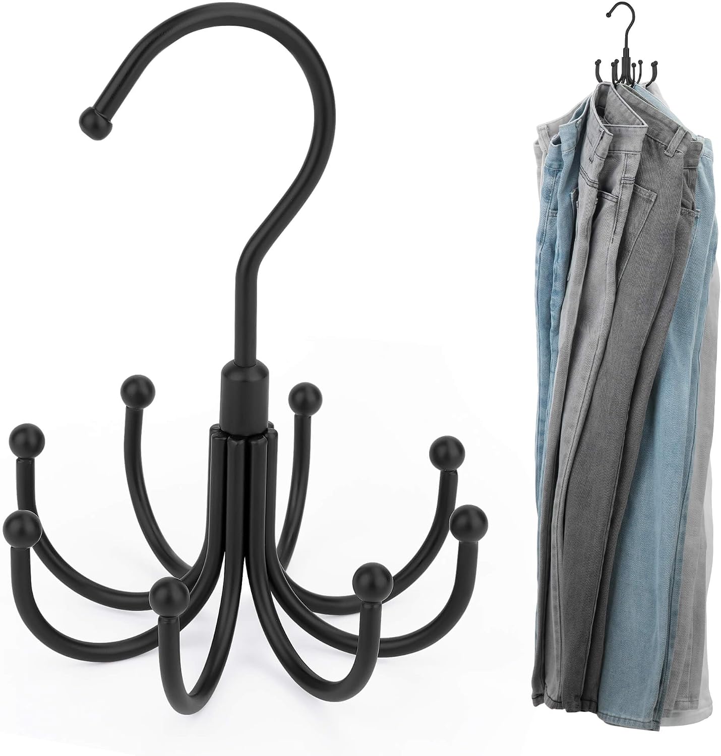 ZEDODIER Jean Hangers Jeans Organizer for Closet, Rotatable Sturdy 8 Hooks Jean Holder, Metal Space Saving Closet Organizers and Storage, Silver