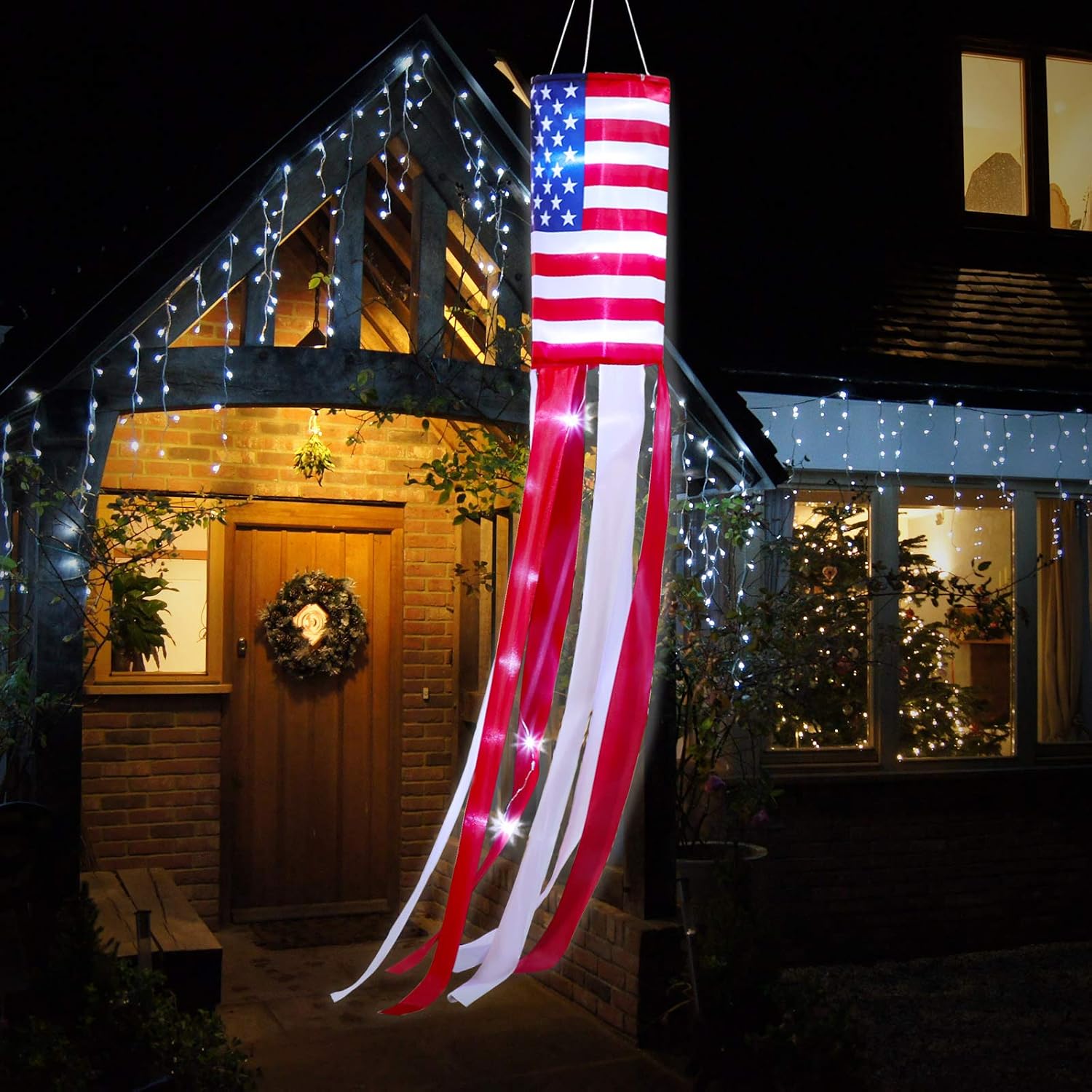 American Flag Windsock Lighting 4th of July US Patriotic Stars Flag Windsocks Hanging Decoration with LED Lights for Independence Day Memorial Day Party Outdoor Yard Patio Garden Pathway (1 Piece)