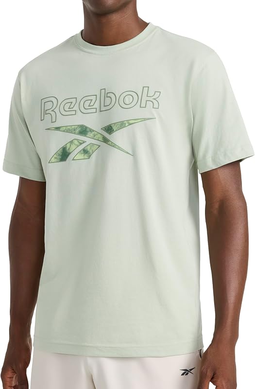 Reebok remera de manga corta con cuello redondo para hombre, ajuste estándar, tejido ligero de algodón y poliéster