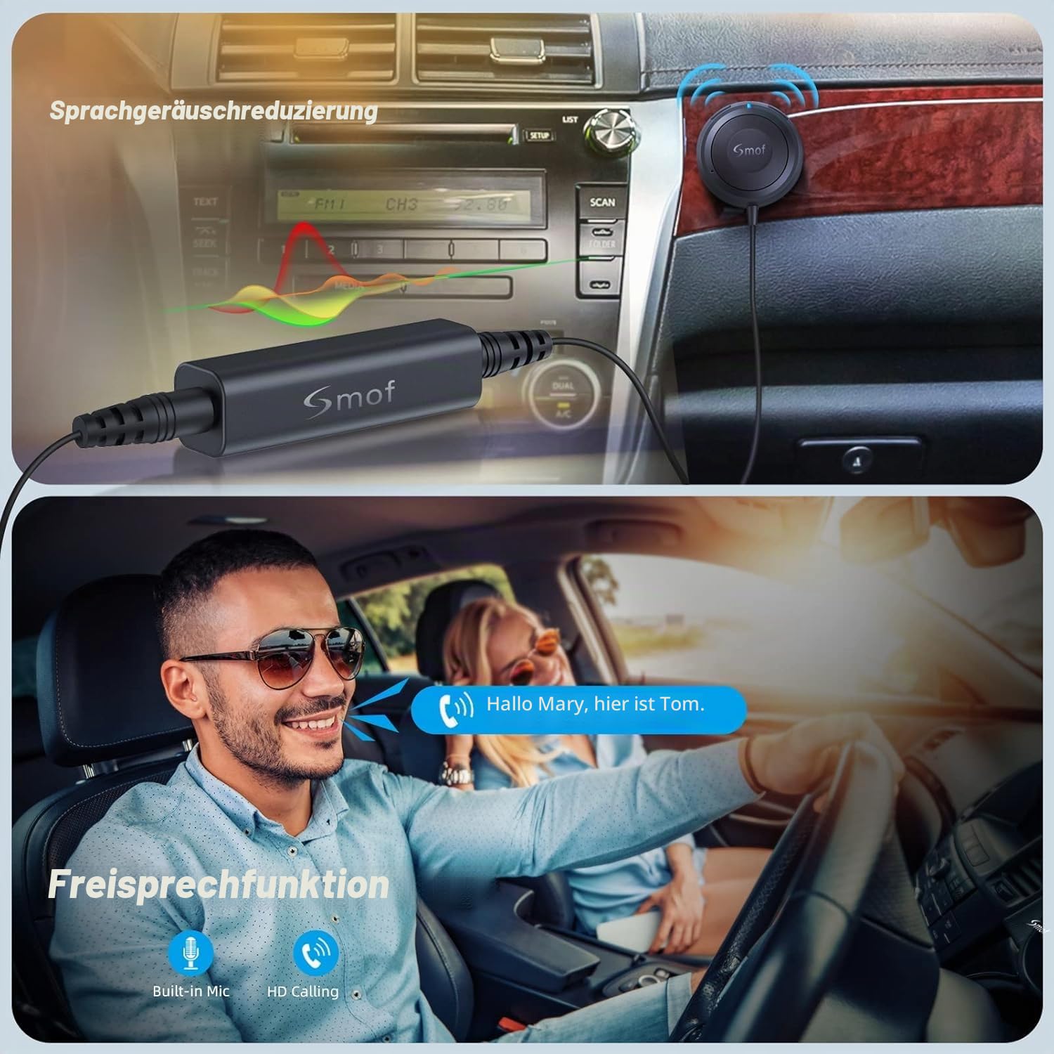 Bluetooth-KFZ-Set, Bluetooth-Adapter für das Auto, mit Geräuschisolierung, Freisprecheinrichtung und Musik-Streaming, Bluetooth-Empfänger, Kfz-Ladegerät mit 2 Anschlüssen
