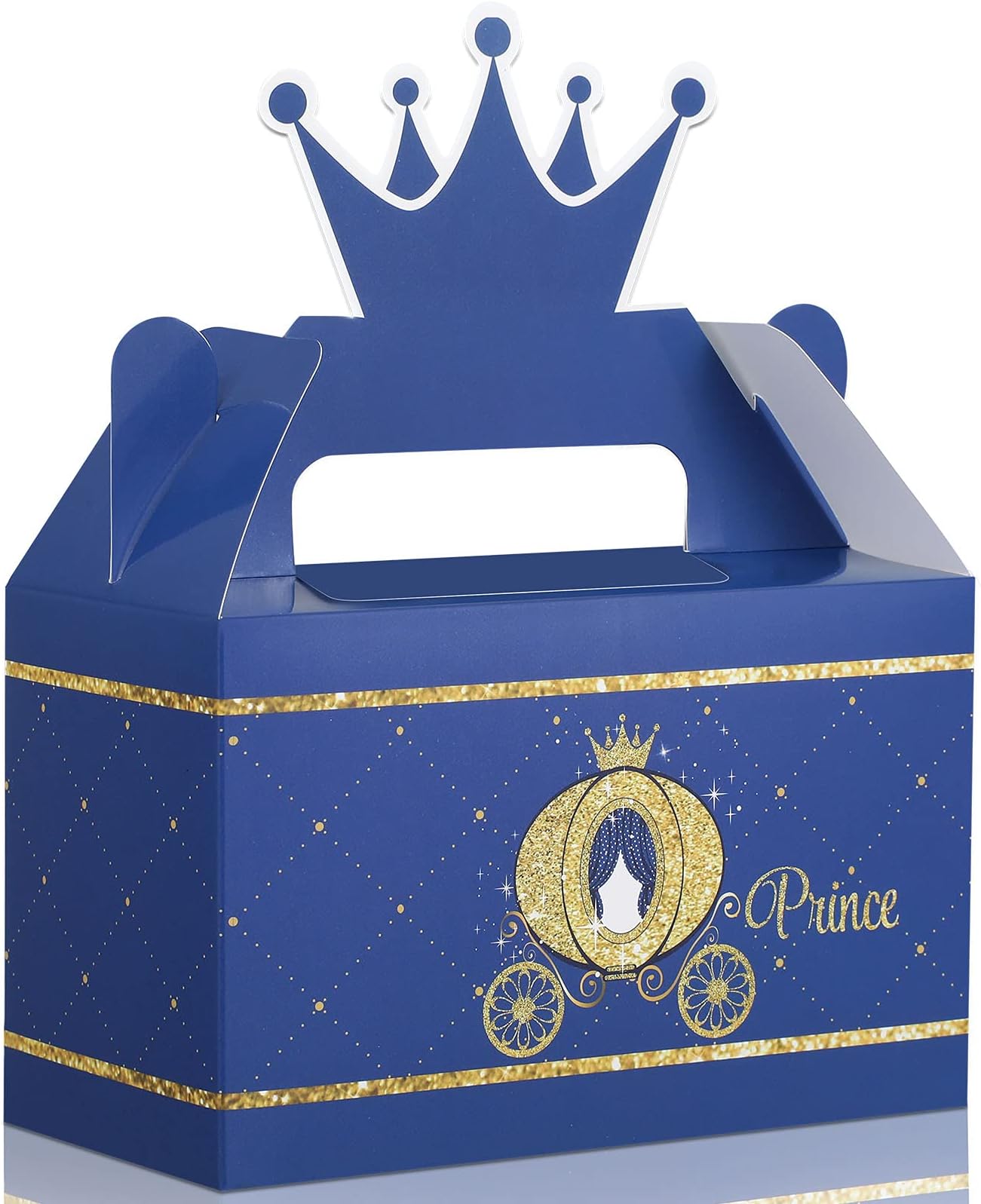 Prince Party Crown Treat Box Blue and Gold Candy Goodies Box Party Supplies for Baby Shower Boy Birthday Decorations, 5.95 x 3 x 7.5 Inch (12 Pieces)