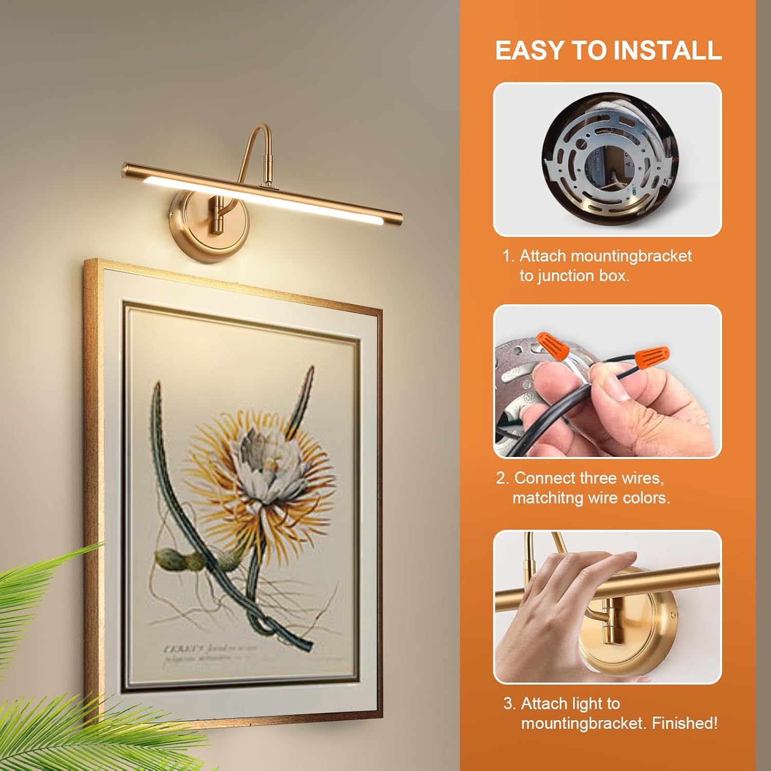 JOOSENLUX Dimmable Picture Lights - Modern 7W LED Wall Sconces for Paintings, 16.54" Long, 3000K Warm Light, Brass Golden Finish - Indoor Hallway Lighting Fixtures with Hard-Wired Connection