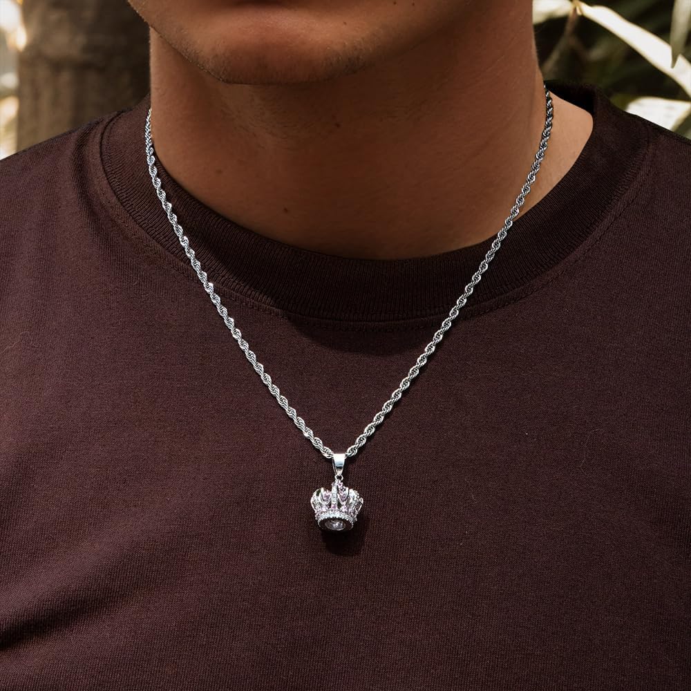 HELLOICE Iced Out King Crown Pendant for Women Men 5A Cubic Zirconia Crown Dainty Simple Necklace with 3mm 24inches Rope Chain Luck Jewelry for Birthday Gift