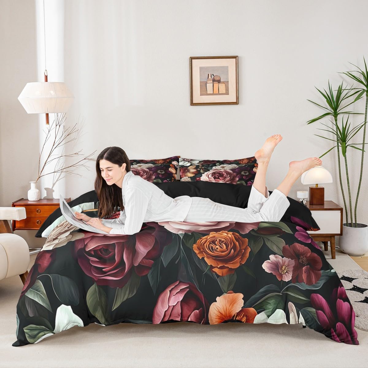 Erosebridal Floral Duvet Cover King Size Rose Flowers Comforter Cover Modern Floral Bedding Set Vibrant Colorful Flower Bed Set
