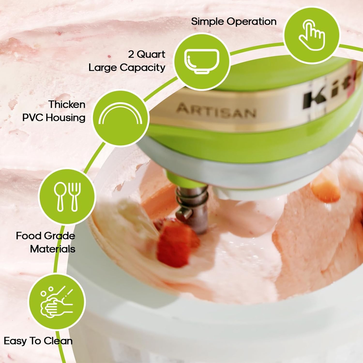 2 Quart Ice Cream Maker Attachment for KitchenAid Stand Mixers, Fits 4.5QT and Larger Mixers