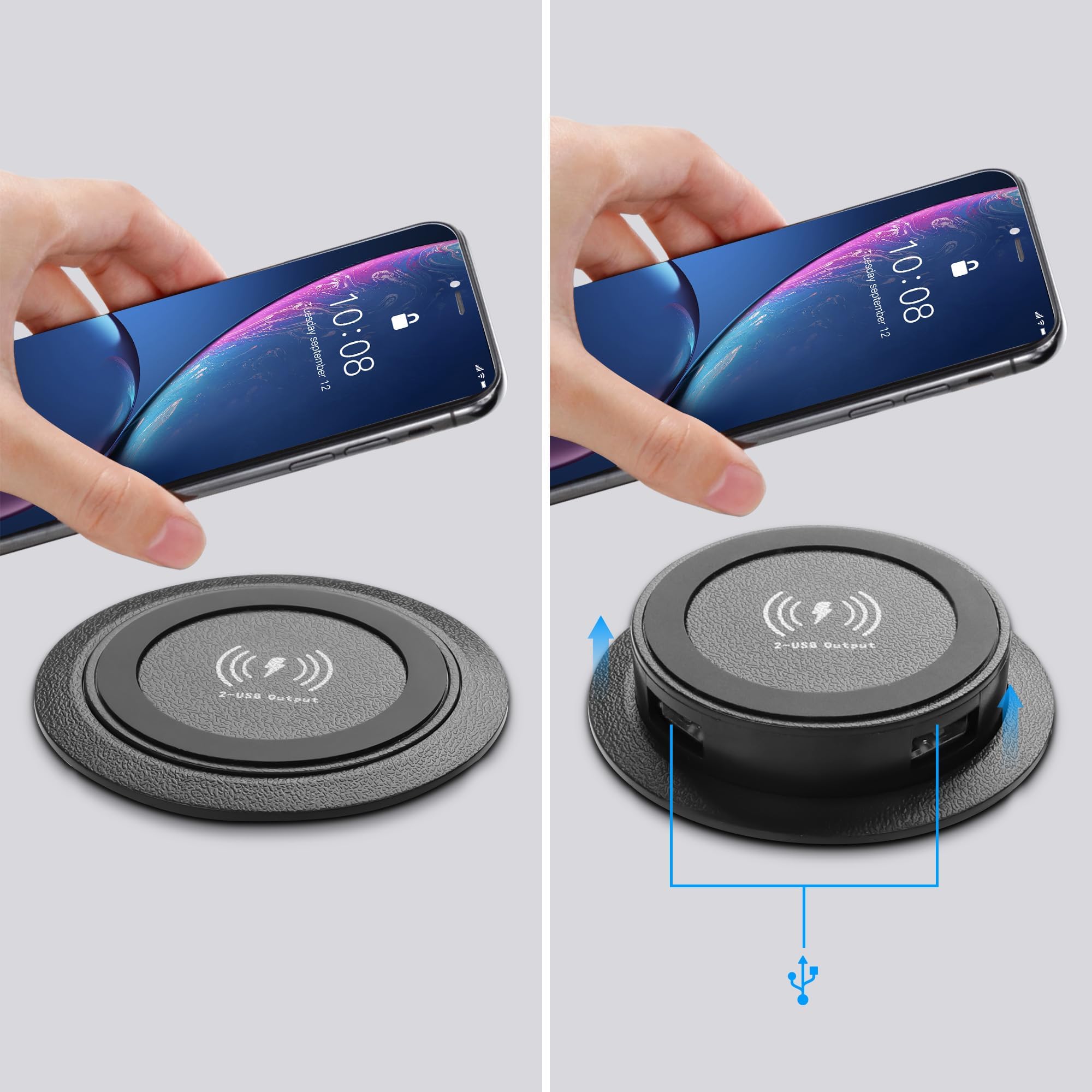 XMSJSIY Caricatore wireless integrato da tavolo 3 in 1 multifunzione pop-up da 10 W, ricarica rapida, caricatore wireless USB da tavolo, doppia ricarica USB per smartphone, comodino, scrivanie, mobili