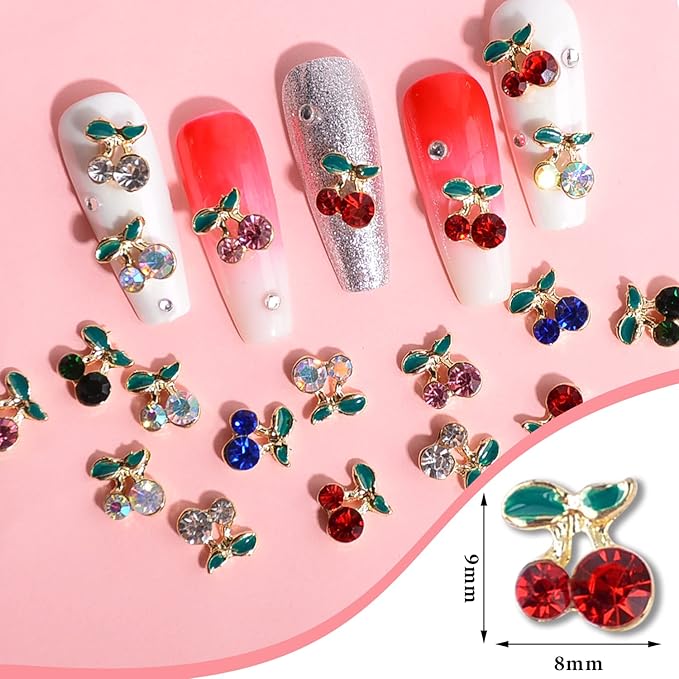 🍒 Cherry Nail Charms: 60Pcs Gold Rhinestone 3D Nail Art