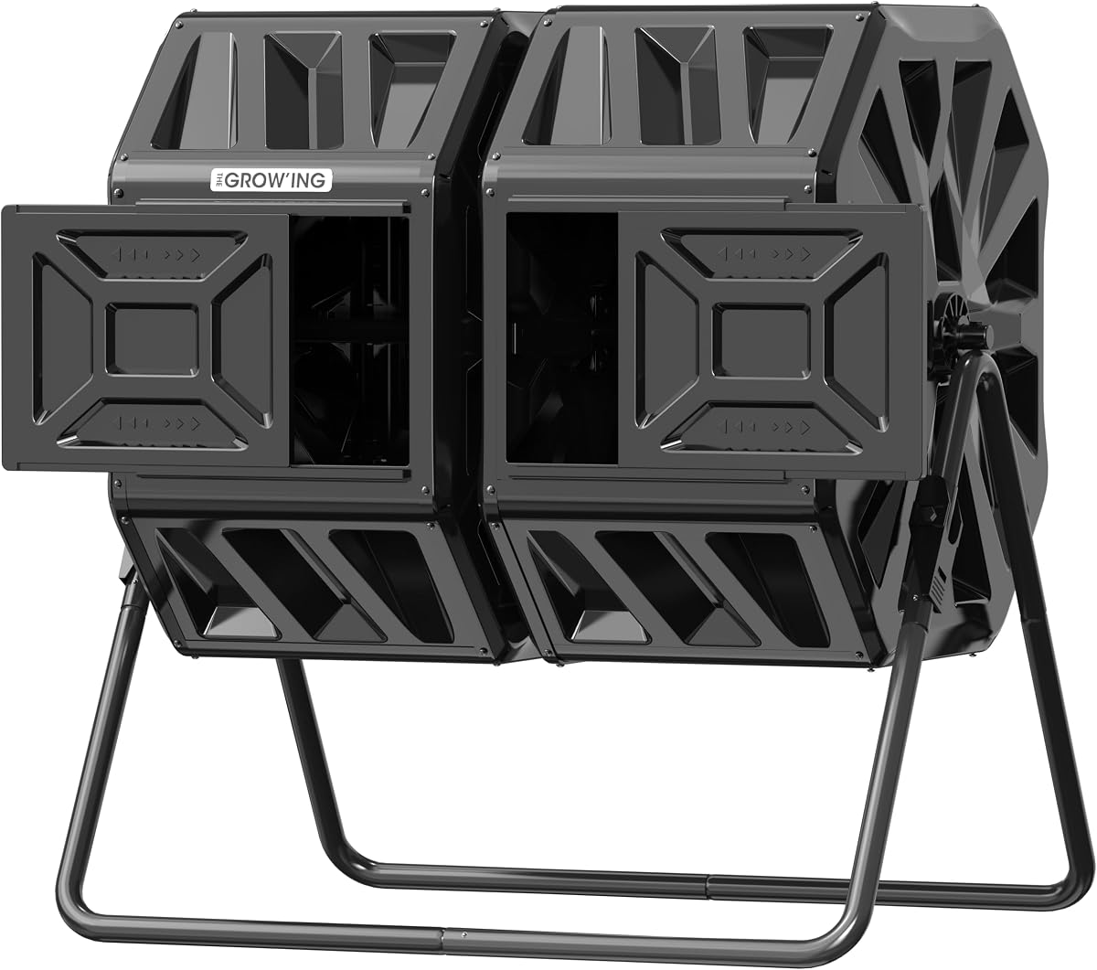 THE Growing 53 Gallon Large Outdoor Compost Bin Tumbler Barrel, Black | Dual 26.5gal heat-absorbing chambers for bulk waste. Reinforced frame adds stability. Easy outdoor bolt frame assembly.